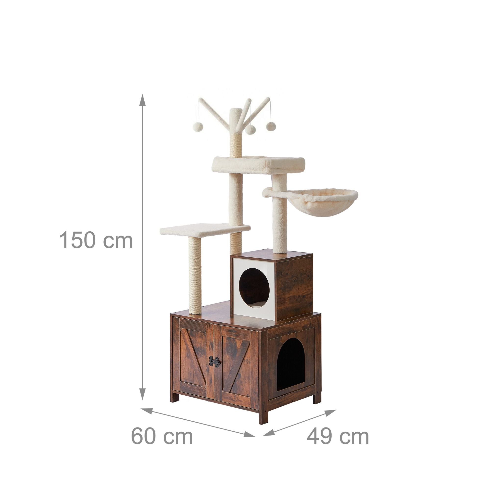 Kratzbaum mit Katzenklo-Schrank 150cm Weiss-Dunkelbraun von Relaxdays