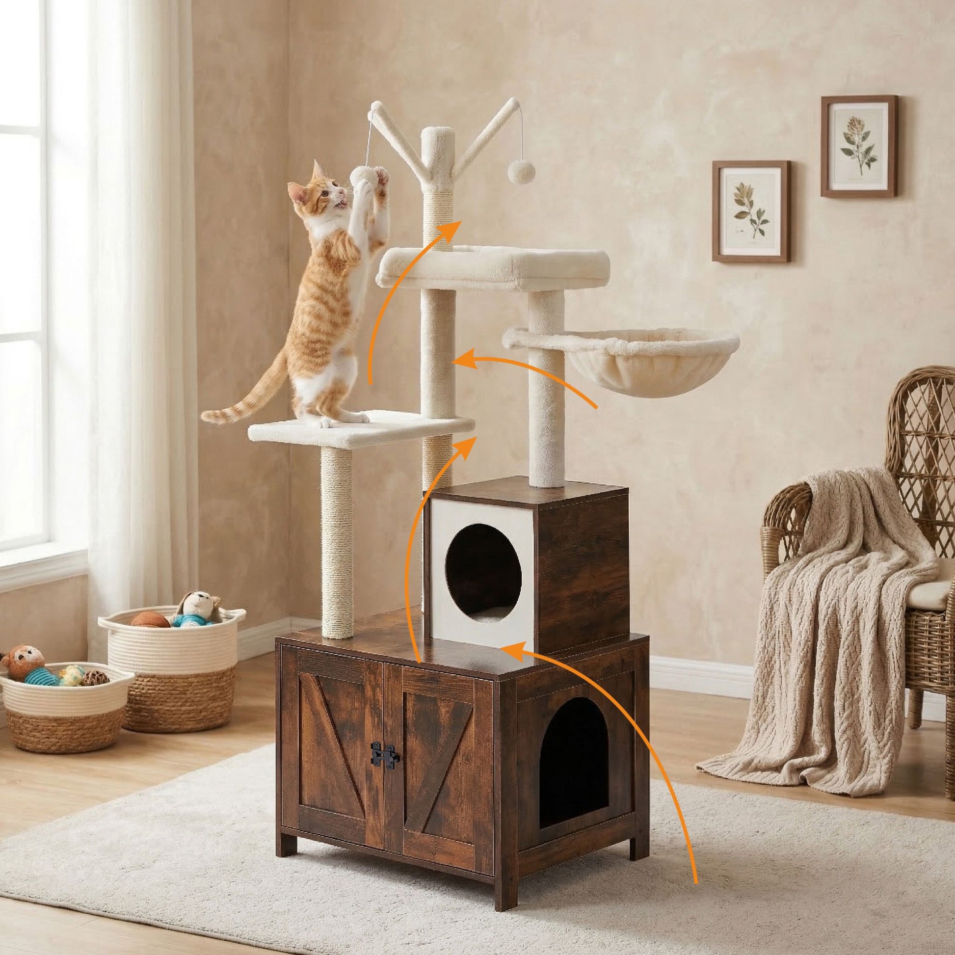 Kratzbaum mit Katzenklo-Schrank 150cm Weiss-Dunkelbraun von Relaxdays