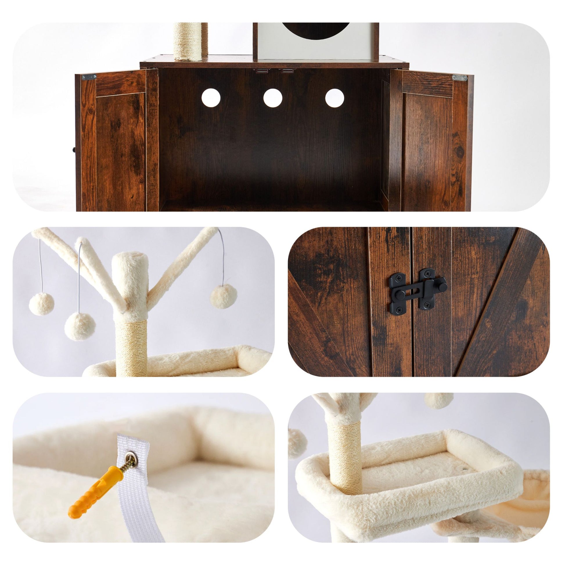 Kratzbaum mit Katzenklo-Schrank 150cm Weiss-Dunkelbraun von Relaxdays
