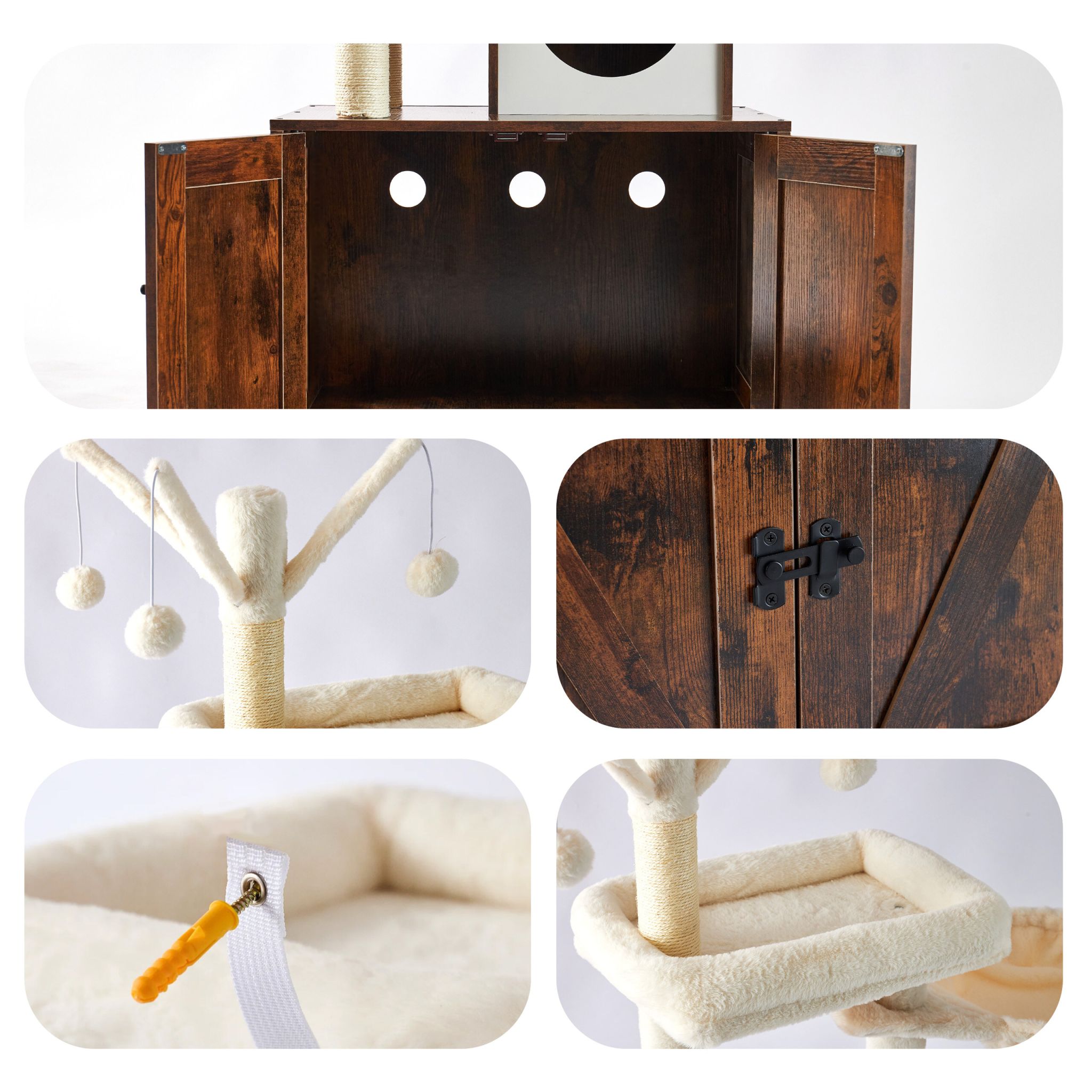 Kratzbaum mit Katzenklo-Schrank 150cm Weiss-Dunkelbraun von Relaxdays