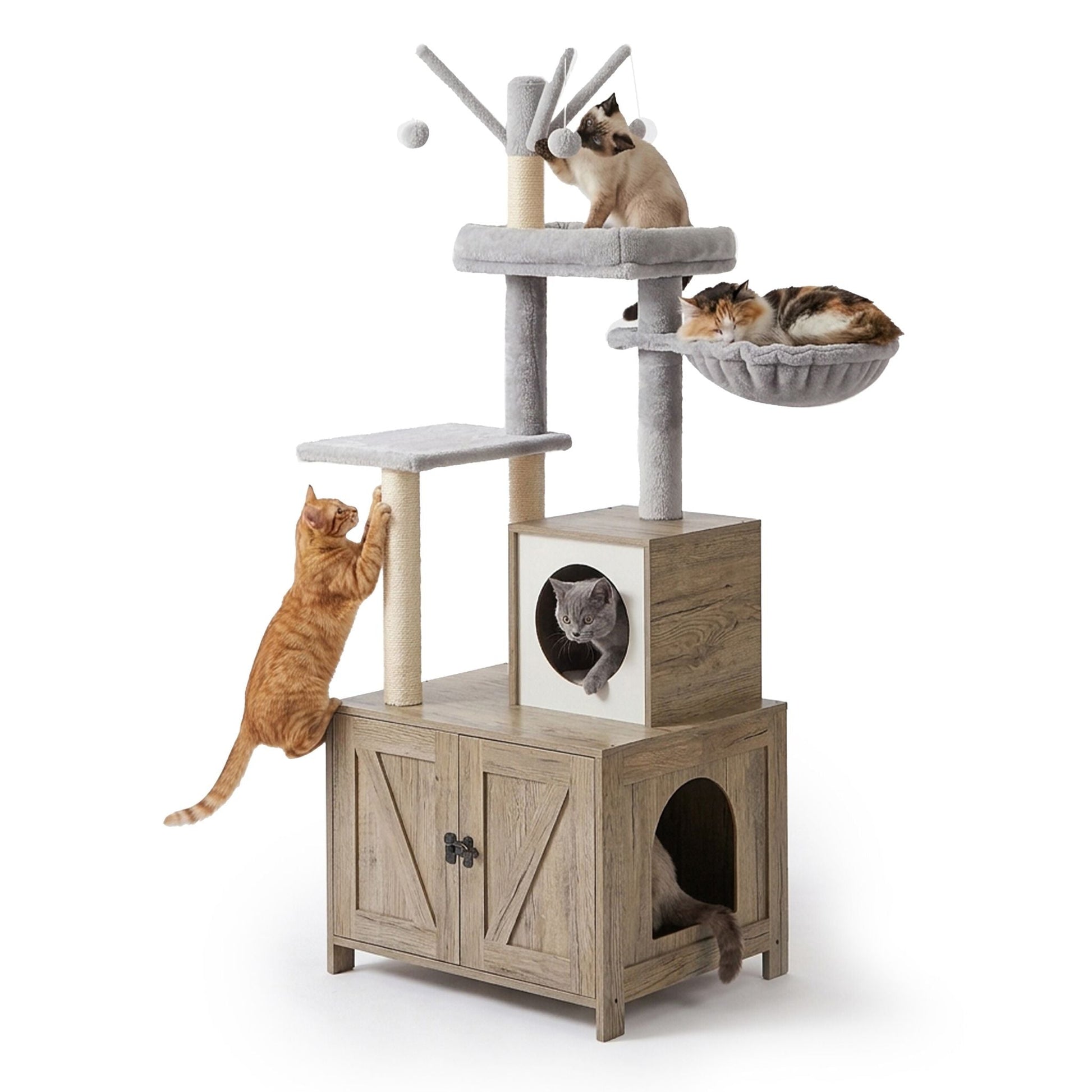 Kratzbaum mit Katzenklo-Schrank 150cm Weiss-Hellbraun-Grau von Relaxdays