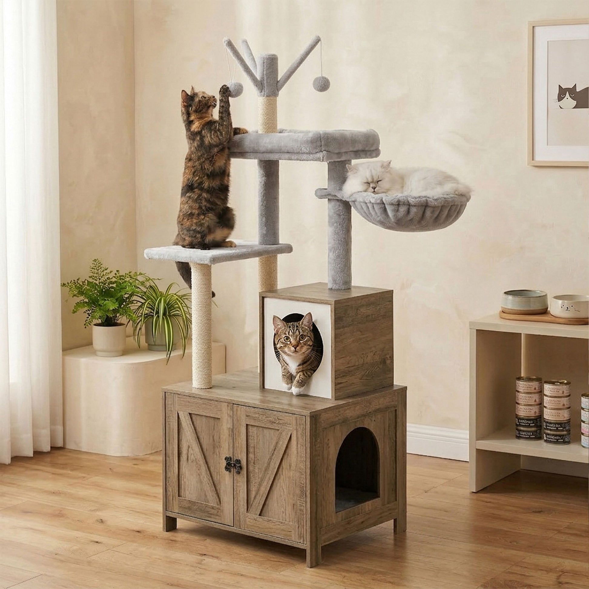 Kratzbaum mit Katzenklo-Schrank 150cm Weiss-Hellbraun-Grau von Relaxdays