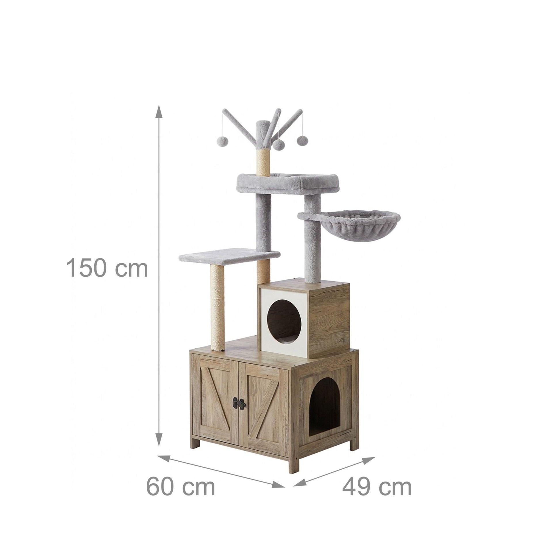 Kratzbaum mit Katzenklo-Schrank 150cm Weiss-Hellbraun-Grau von Relaxdays