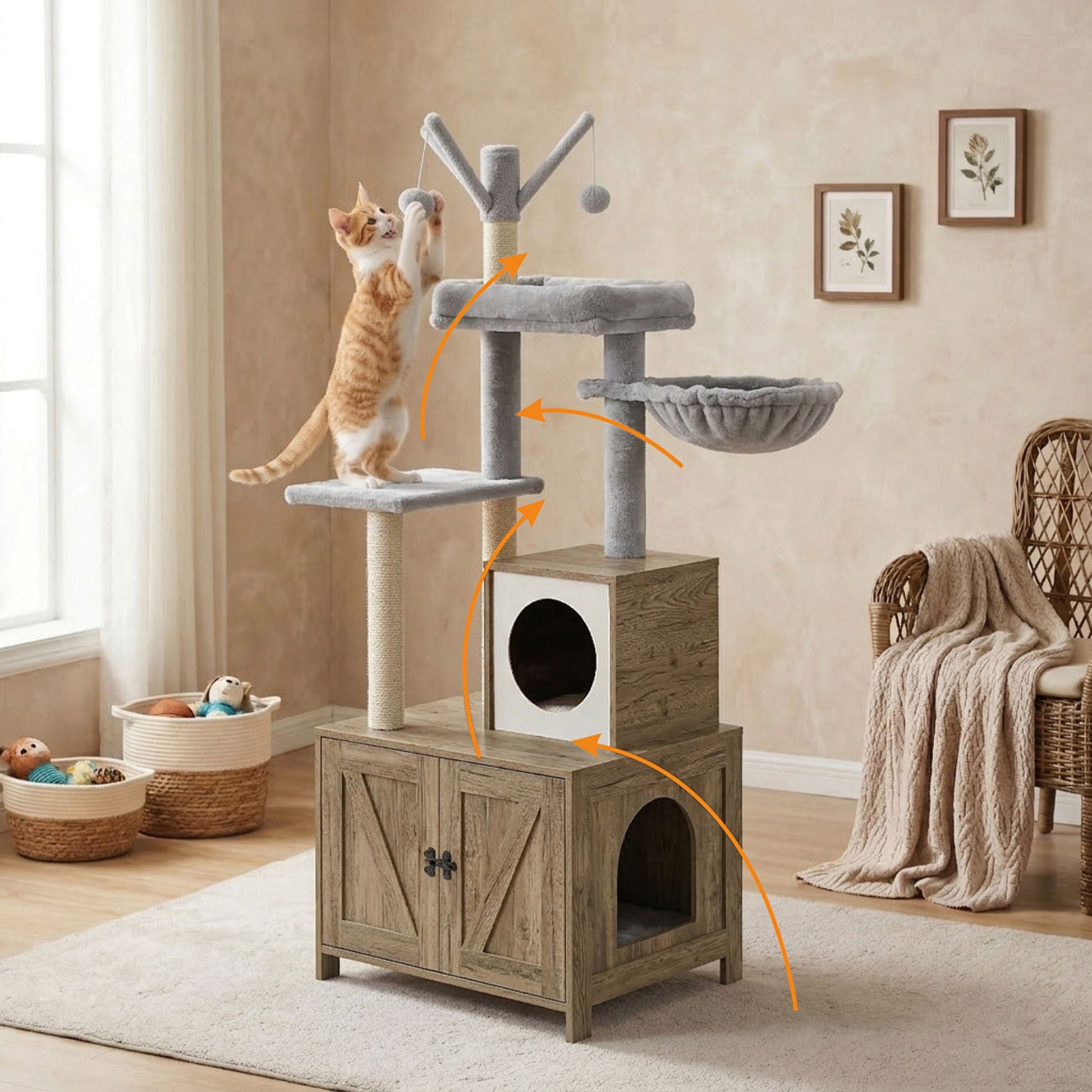 Kratzbaum mit Katzenklo-Schrank 150cm Weiss-Hellbraun-Grau von Relaxdays