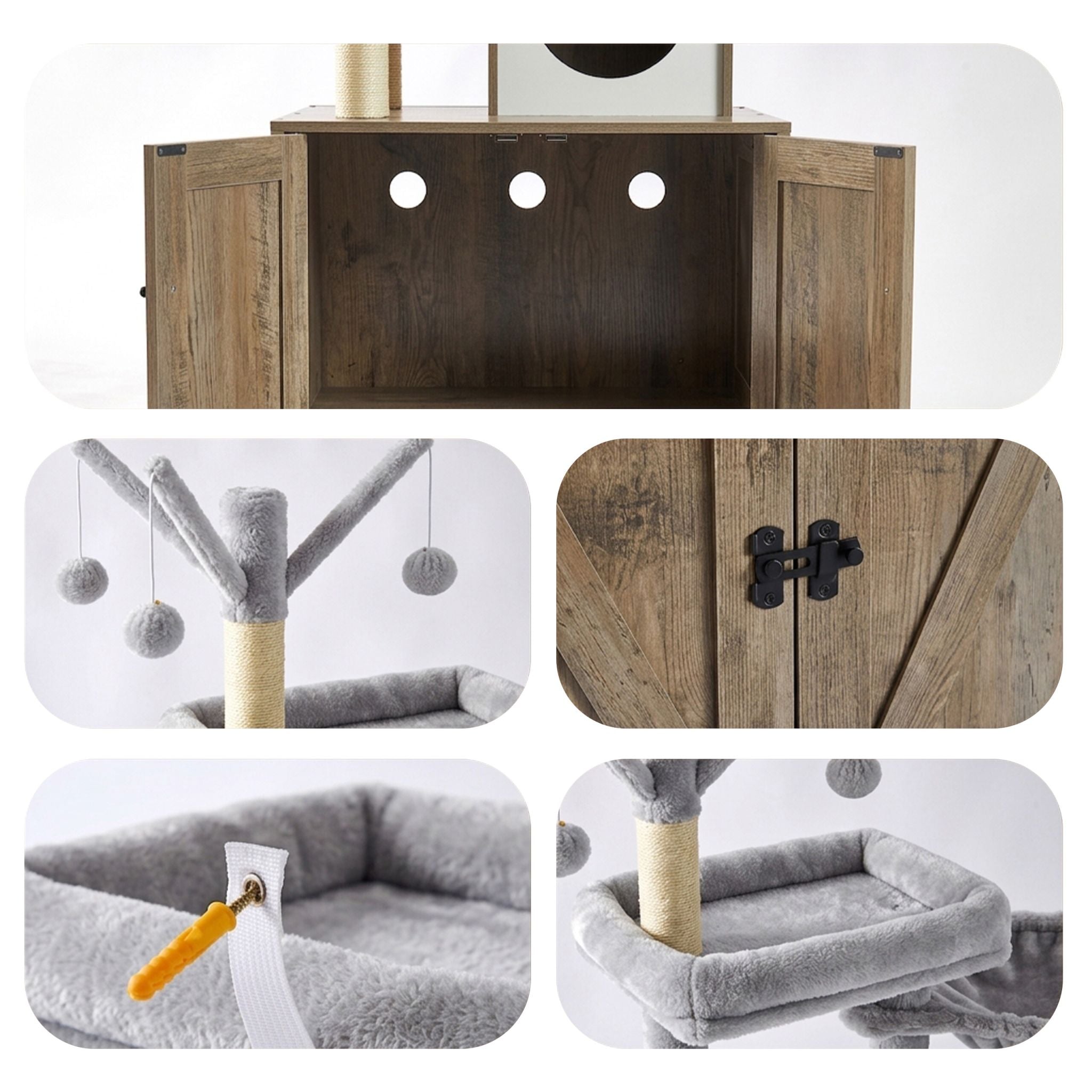 Kratzbaum mit Katzenklo-Schrank 150cm Weiss-Hellbraun-Grau von Relaxdays