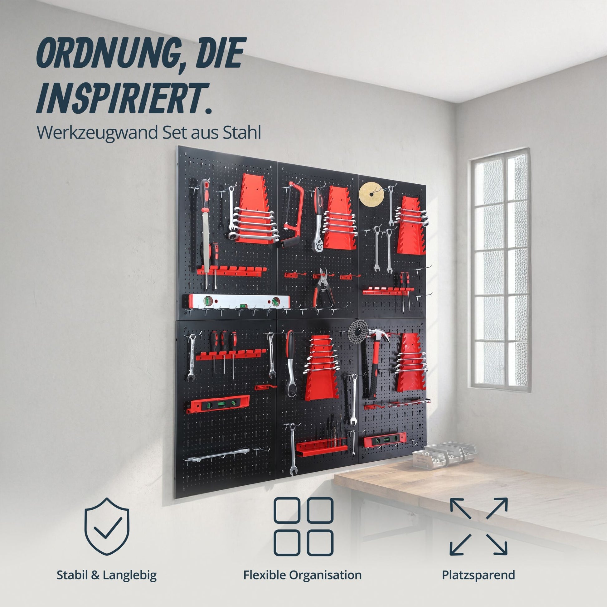 Werkzeugwand mit Zubehör Set Rot-Schwarz von Relaxdays