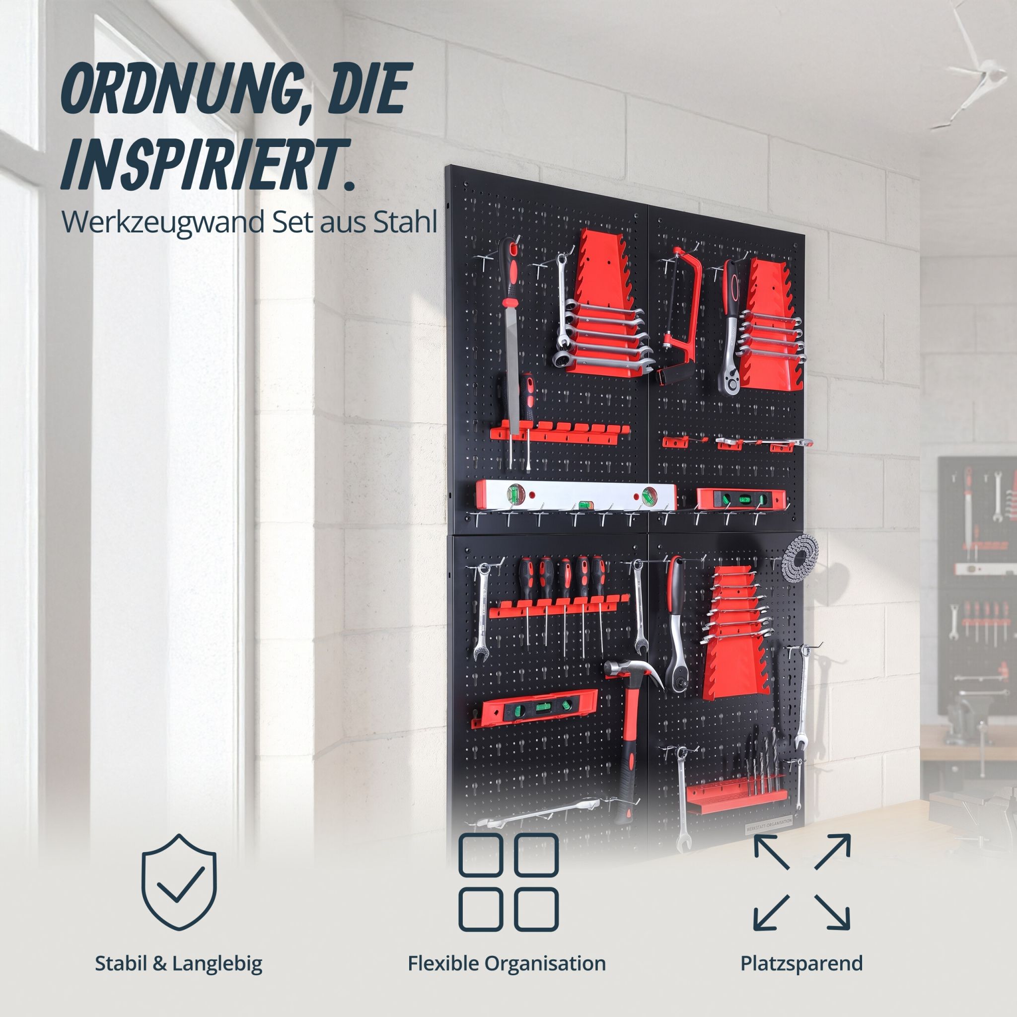 Werkzeugwand mit Zubehör Set Rot-Schwarz von Relaxdays