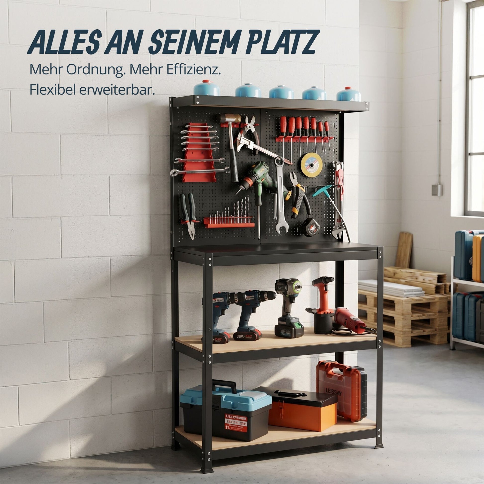 Werkbank mit Lochwand & Zubehör Hellbraun-Rot-Schwarz von Relaxdays