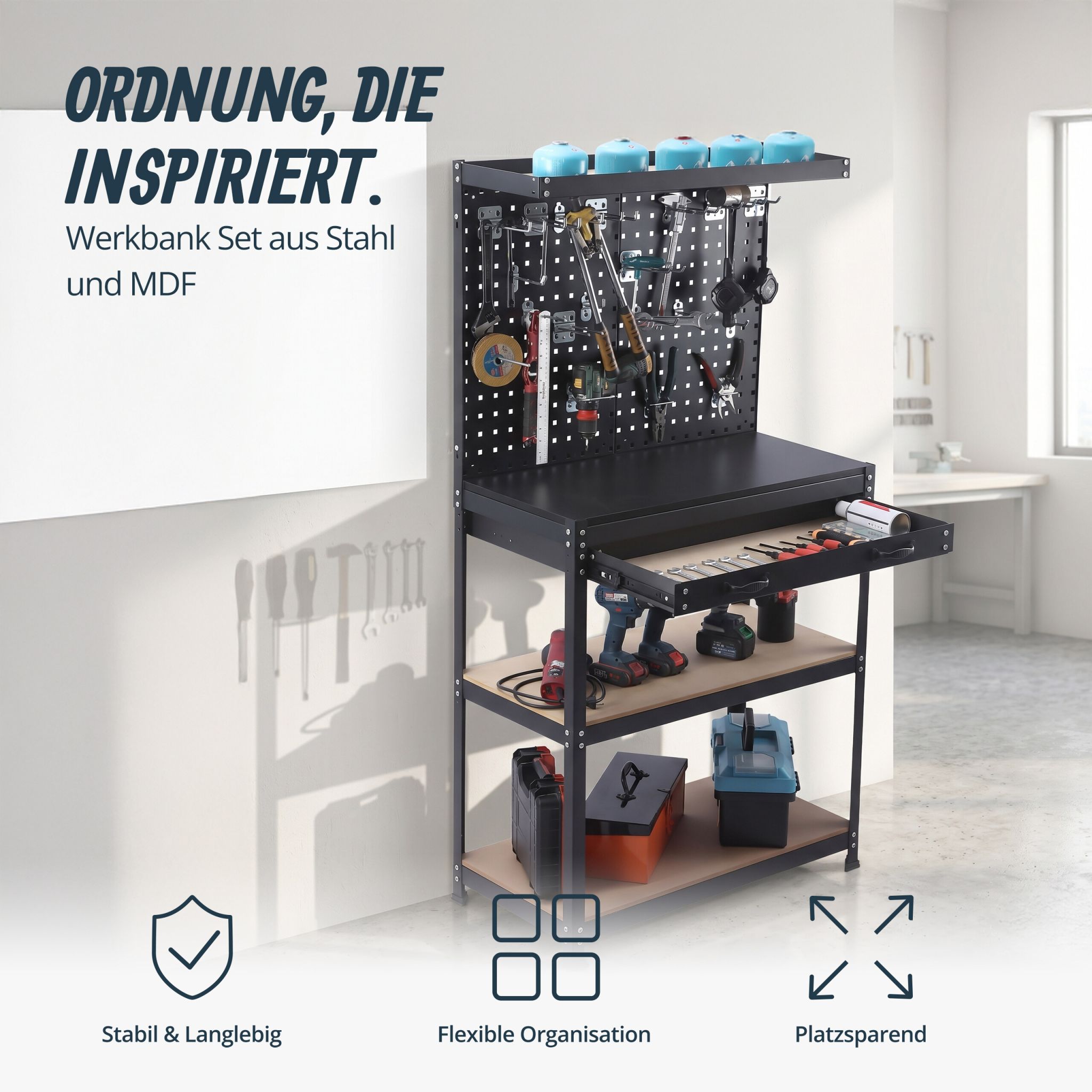 Werkbank mit Lochwand & Schublade Hellbraun-Schwarz-Silber von Relaxdays