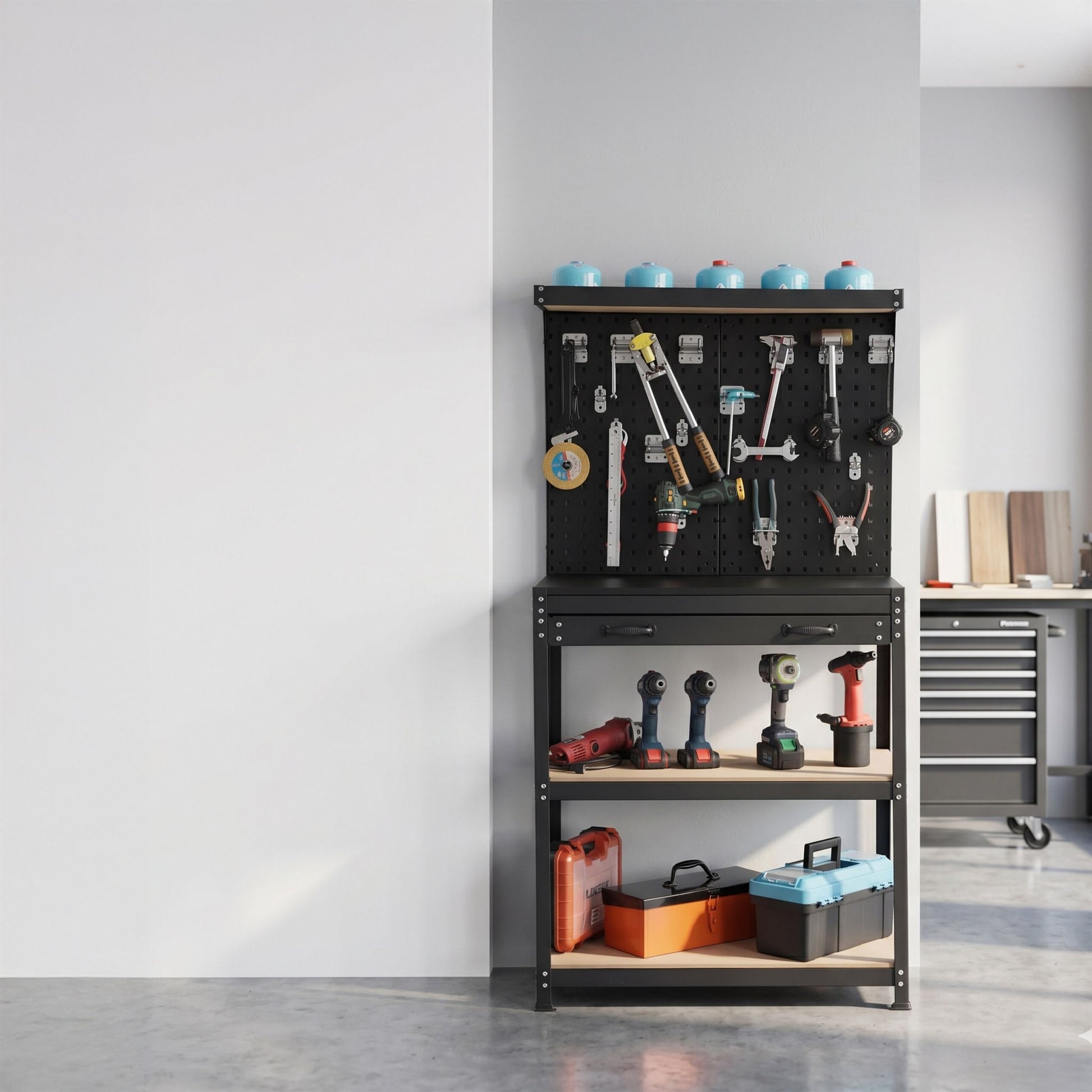 Werkbank mit Lochwand & Schublade Hellbraun-Schwarz-Silber von Relaxdays