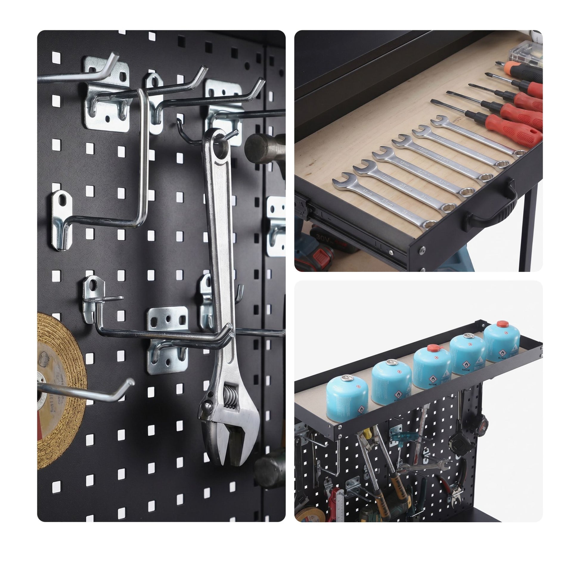 Werkbank mit Lochwand & Schublade Hellbraun-Schwarz-Silber von Relaxdays