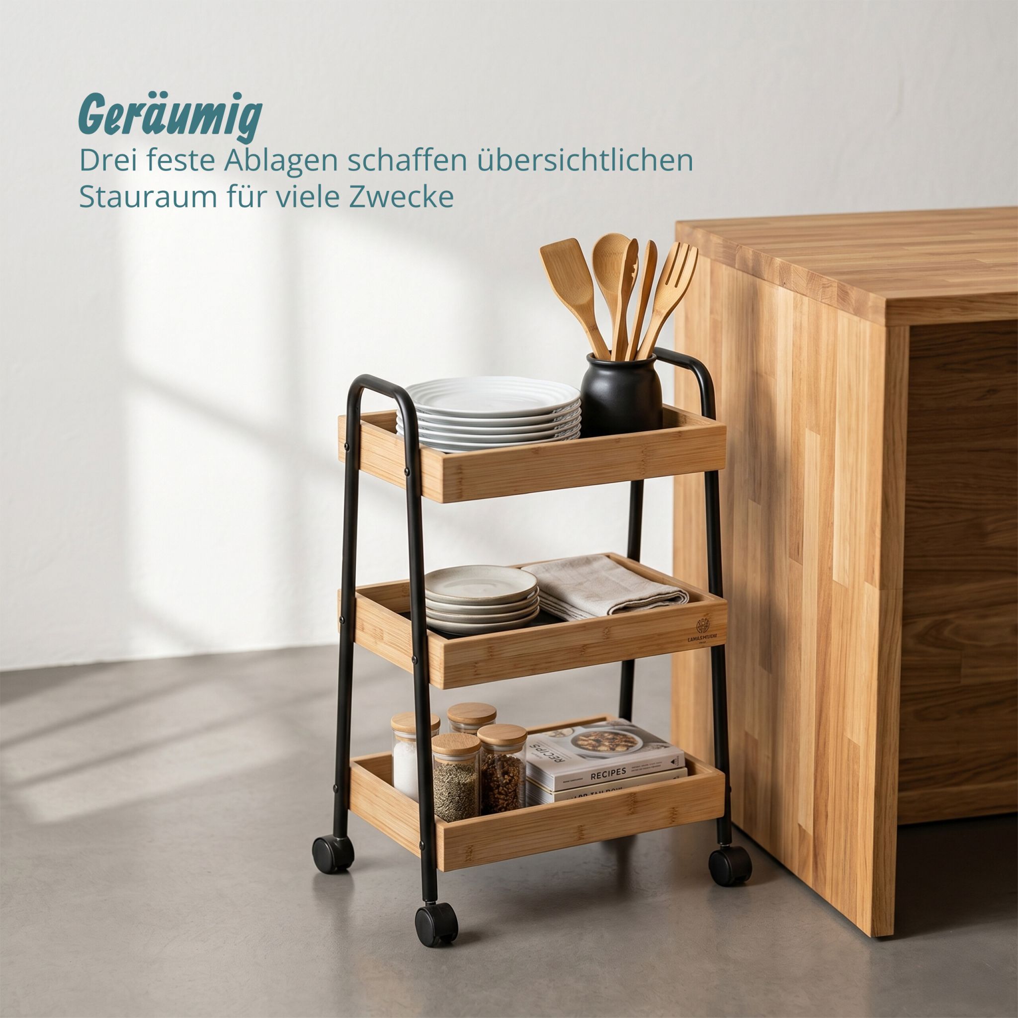 Rollwagen Bambus & Metall 3 Fächer Hellbraun-Schwarz von Relaxdays