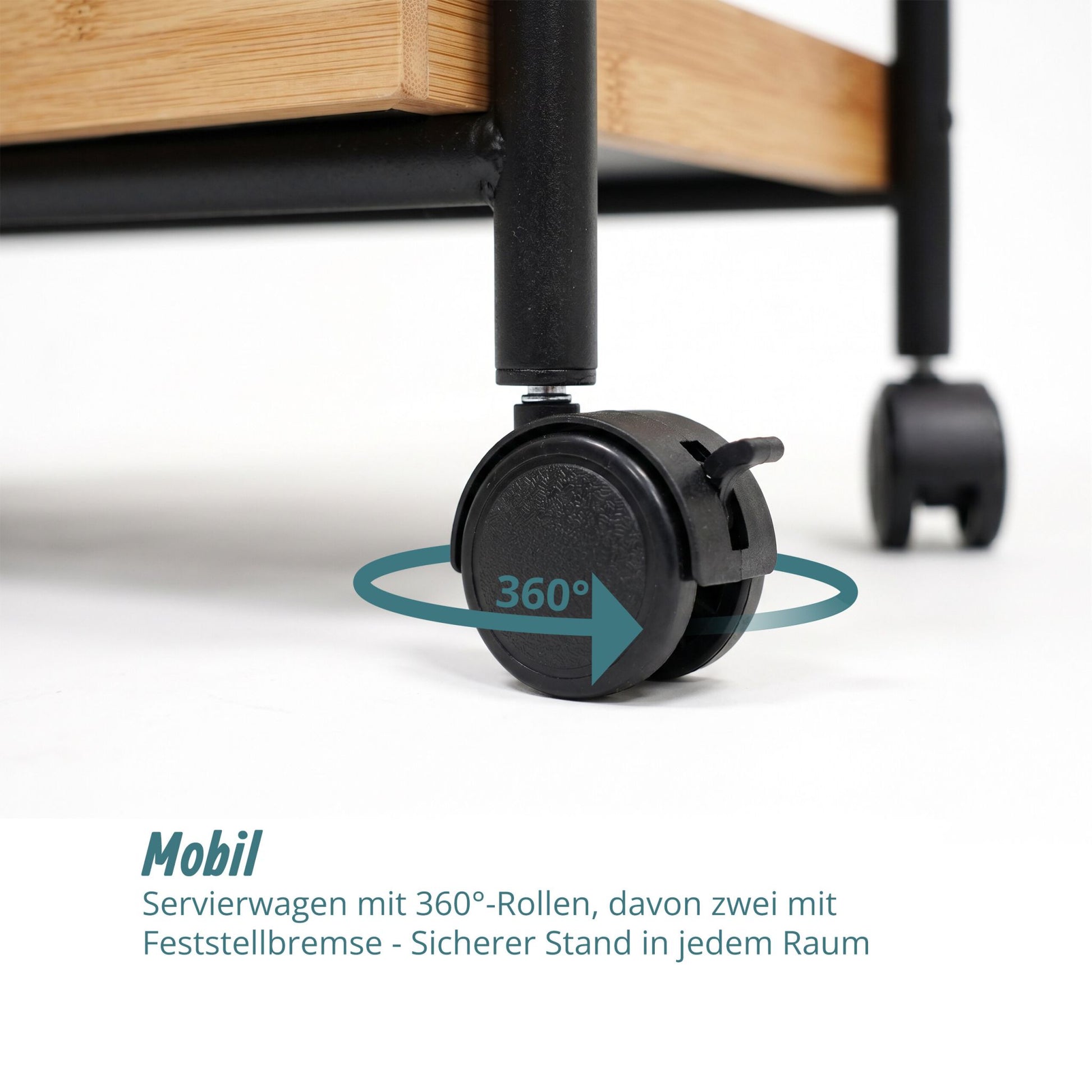 Rollwagen Bambus & Metall 3 Fächer Hellbraun-Schwarz von Relaxdays
