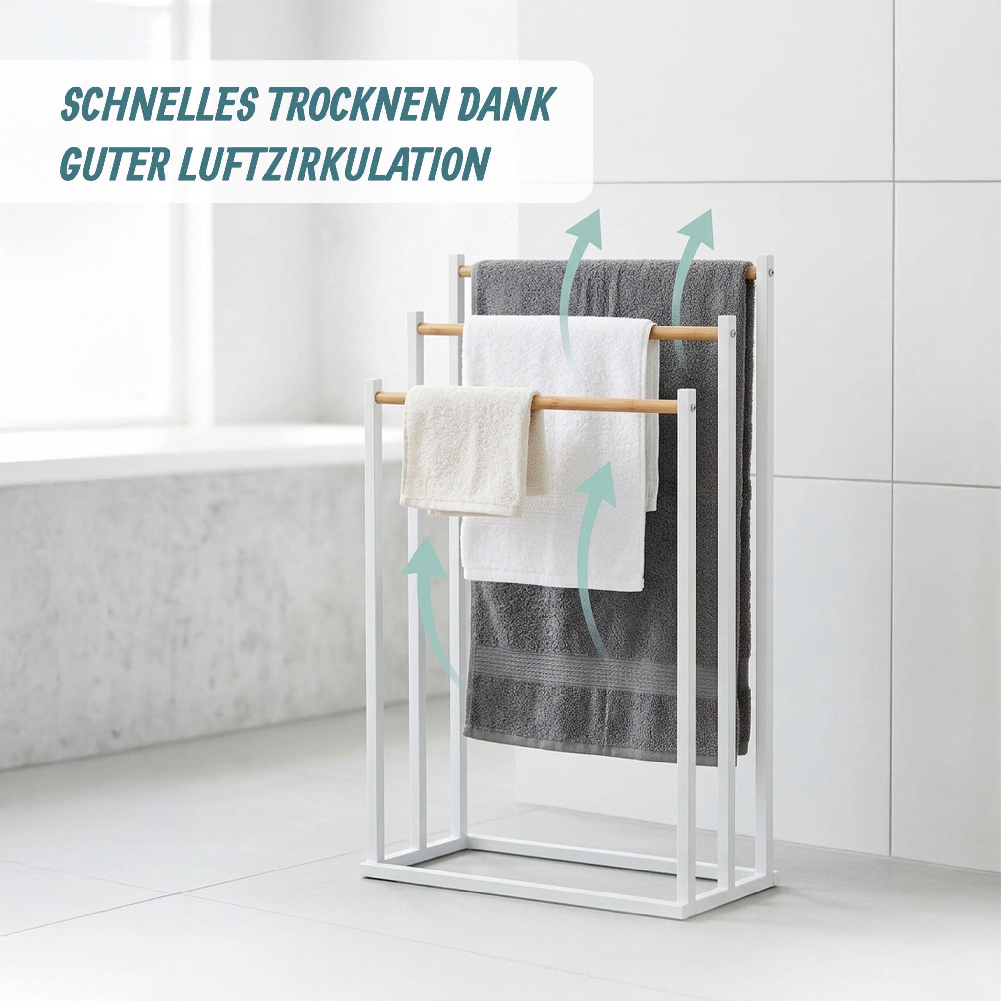 Handtuchständer mit 3 Stangen Weiss-Hellbraun von Relaxdays