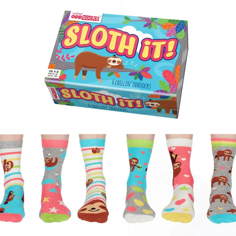 Einzelne Socken im 6er Pack, SLOTH IT Bunte Faultiere, Gr. 37-42, mit Geschenkbox von United Oddsocks