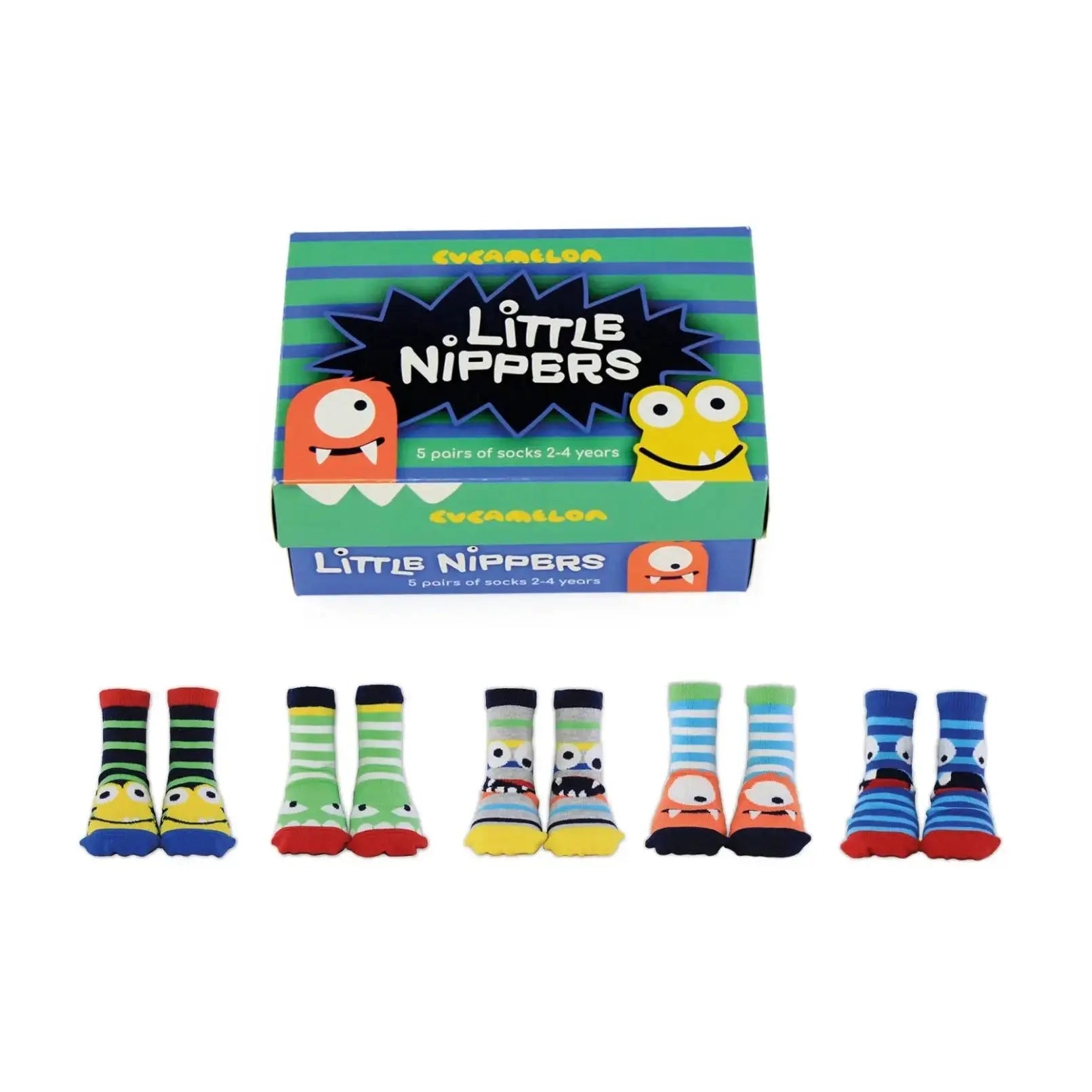 Kinder Socken 5 Paar, LITTLE NIPPERS Bunte Monster, 2-4 Jahre, mit Geschenkbox von guteszeug.ch