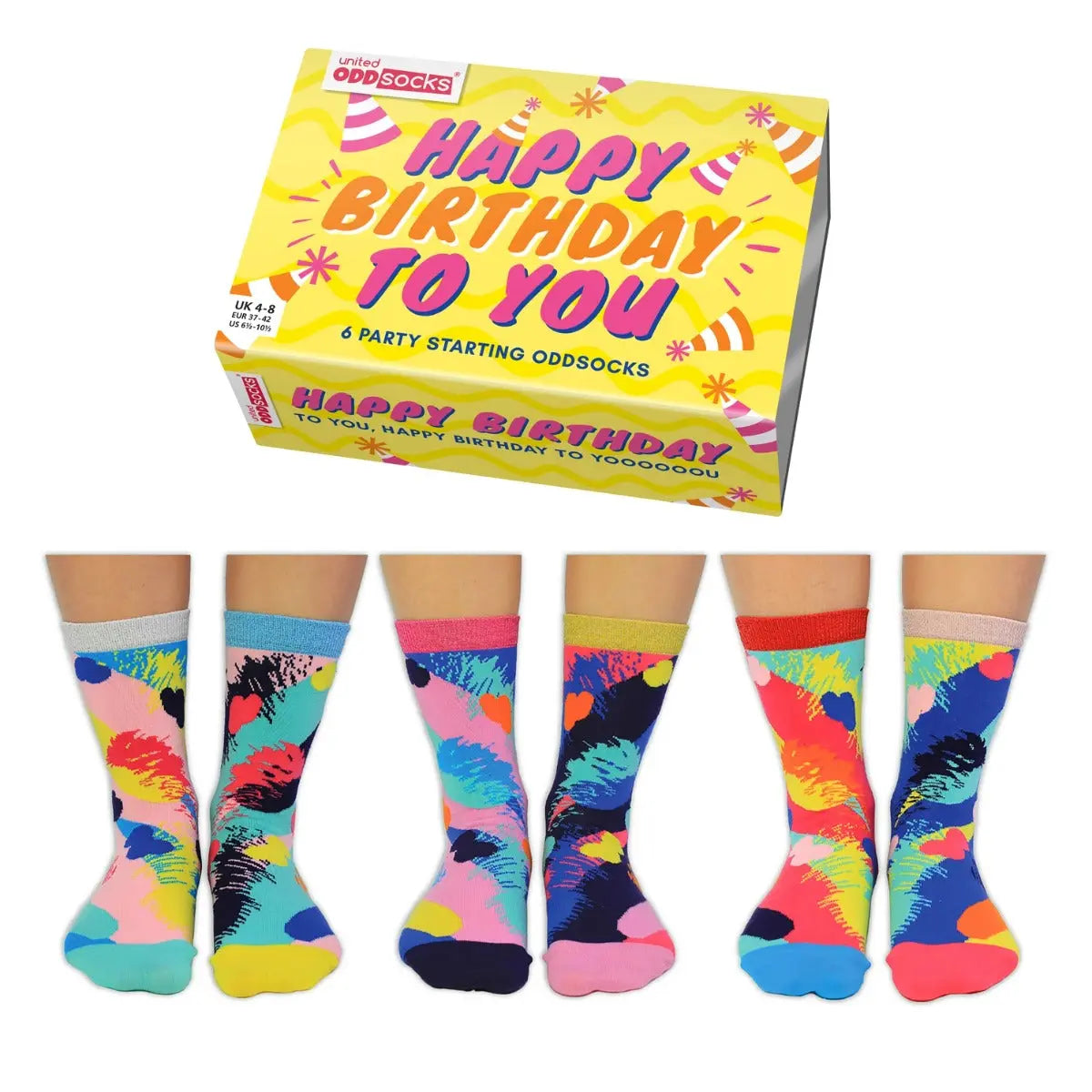Einzelne Socken im 6er Pack, HAPPY BIRTHDAY TO YOU Bunte Oddsocks, Gr. 37-42, mit Geschenkbox von guteszeug.ch