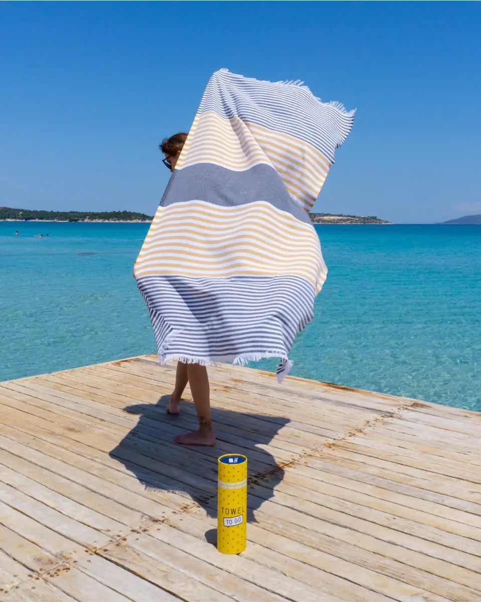 Bali Strandtuch Baumwolle Hamamtuch 180x100cm Anthrazit-Gelb gestreift von guteszeug.ch