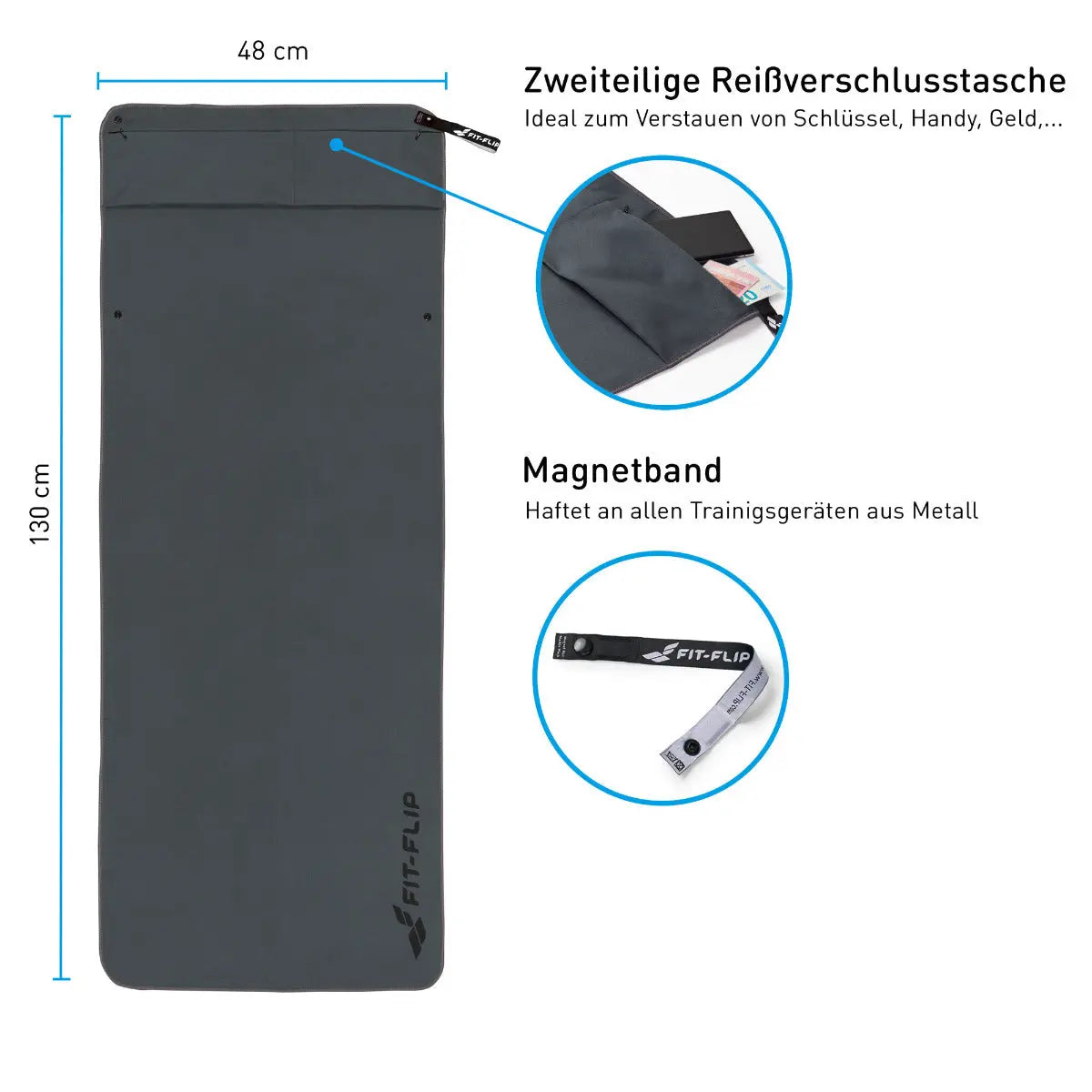 Fitnesshandtuch Mikrofaser mit Reissverschlusstasche 130x48cm Dunkelgrau von Fit-Flip