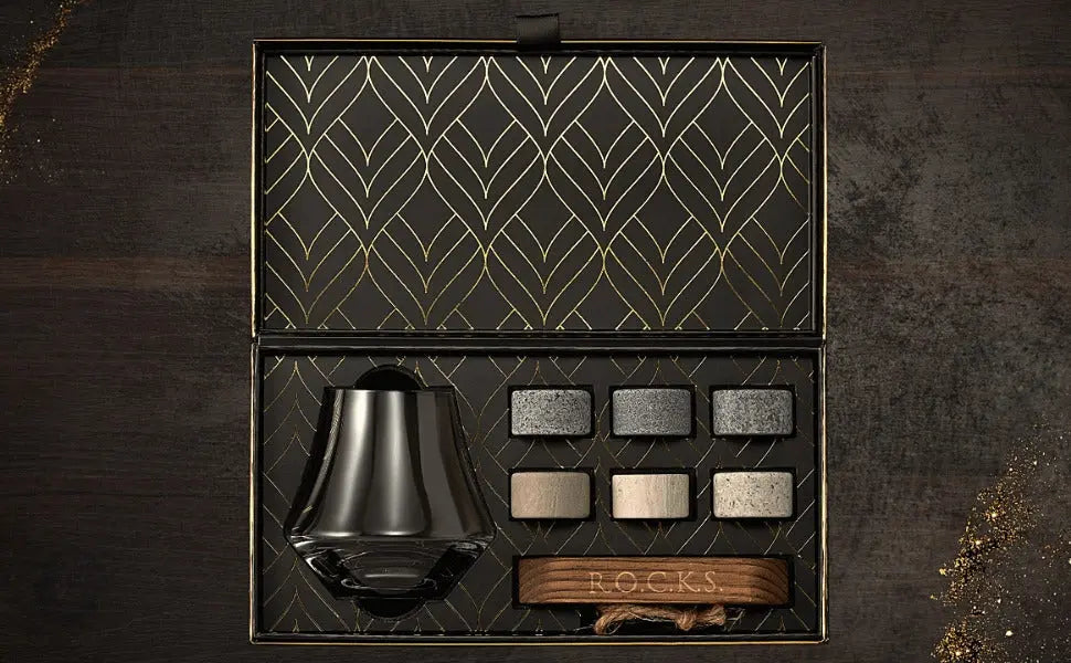 Nosing Whiskeyglas mit Kühlsteinen Geschenkset von ROCKS Whiskey Chilling Stones