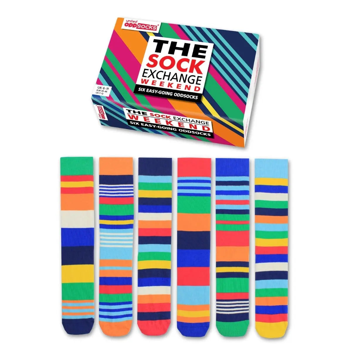 Einzelne Socken im 6er Pack, THE SOCK EXCHANGE WEEKEND Bunte Socken, Gr. 39-46, mit Geschenkbox von United Oddsocks