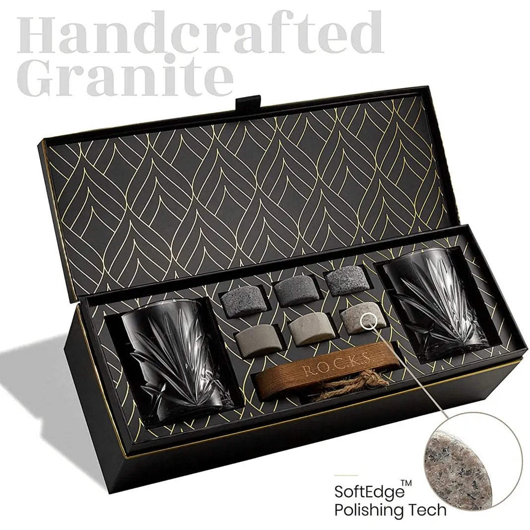 Palm Whiskeygläser mit Kühlsteinen Geschenkset von ROCKS Whiskey Chilling Stones