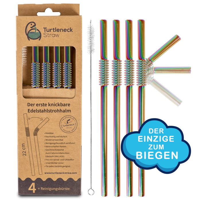 Edelstahl Trinkhalme Biegbar Rainbow 4er Set 22cm von Turtleneck Straw