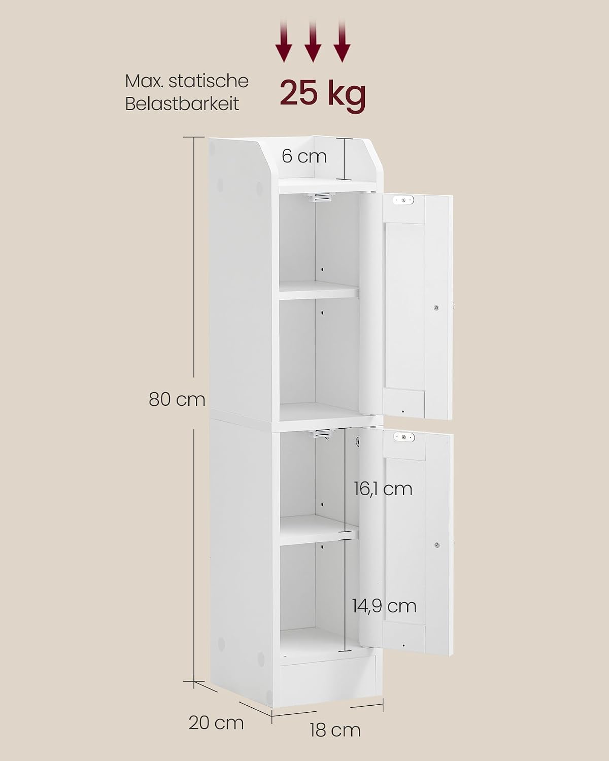 Badschrank Nischenschrank 2 Türen 20x18x80 cm Wolkenweiss von Songmics