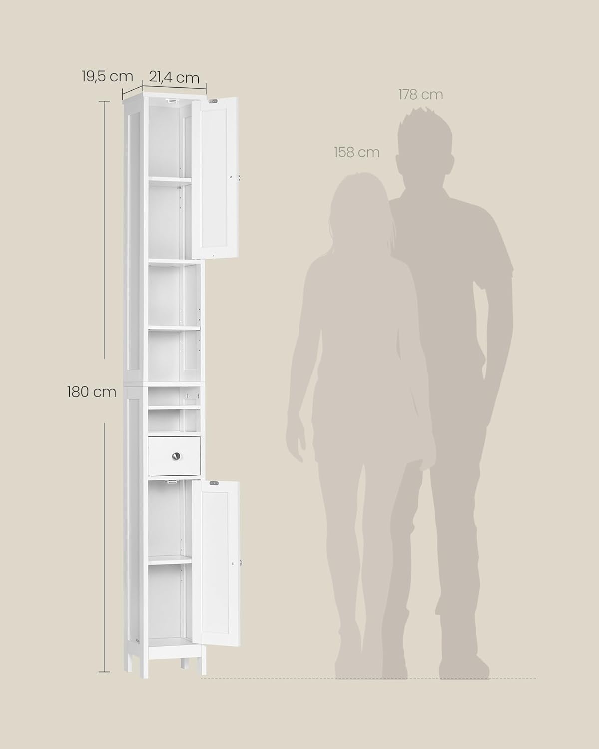 Badezimmerschrank hoch schmal mit Schublade und Ablagen weiß von Songmics