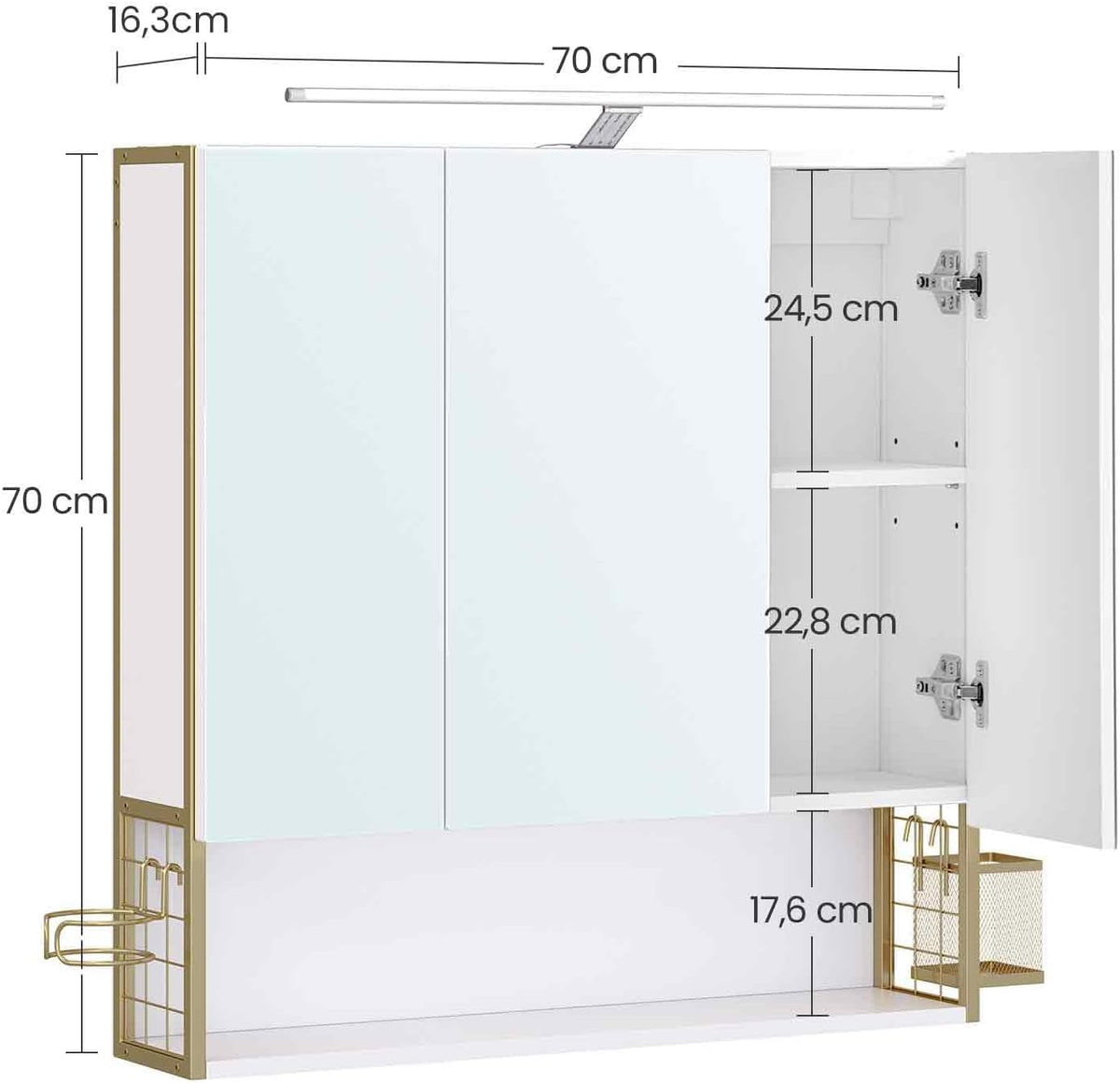 Spiegelschrank Badschrank LED 70x16x70 cm Weiss Gold von Songmics