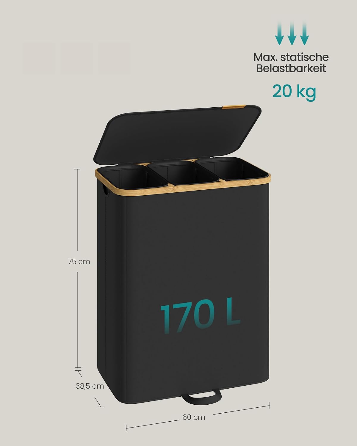 Wäschesortierer 3 Fächer 170 l Wäschekorb Tintenschwarz von Songmics