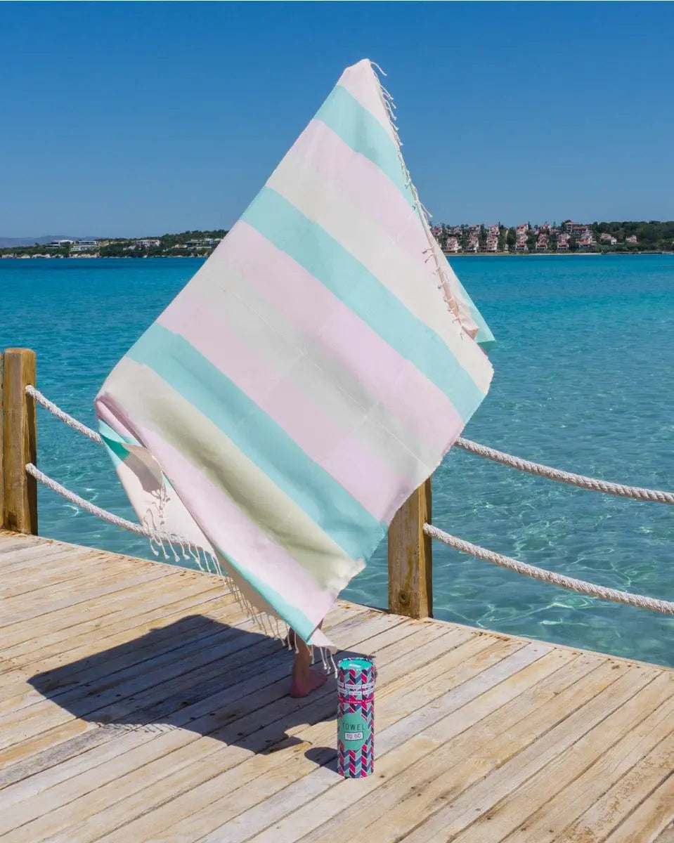 Palermo Strandtuch Baumwolle Hamamtuch 180x100cm Mint-Rosa gestreift von Towel To Go