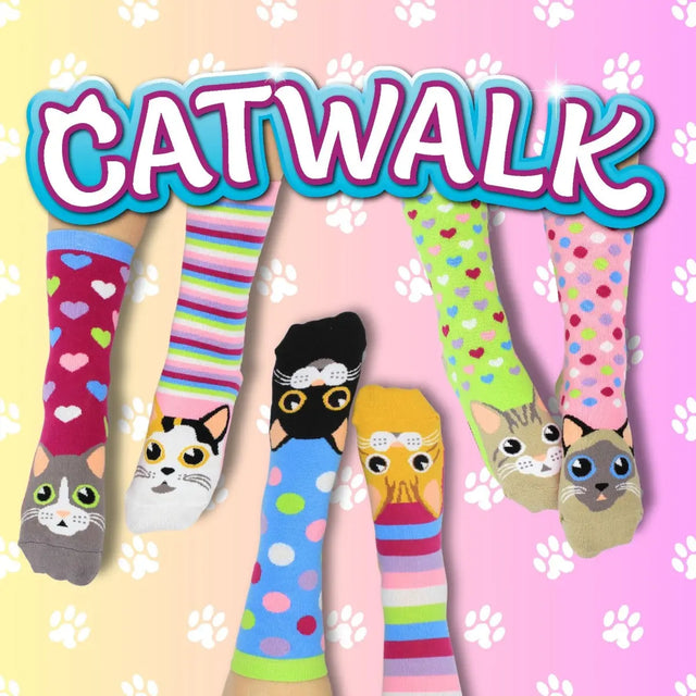 Einzelne Socken im 6er Pack, CATWALK Bunte Katzen, Gr. 37-42, mit Geschenkbox von United Oddsocks