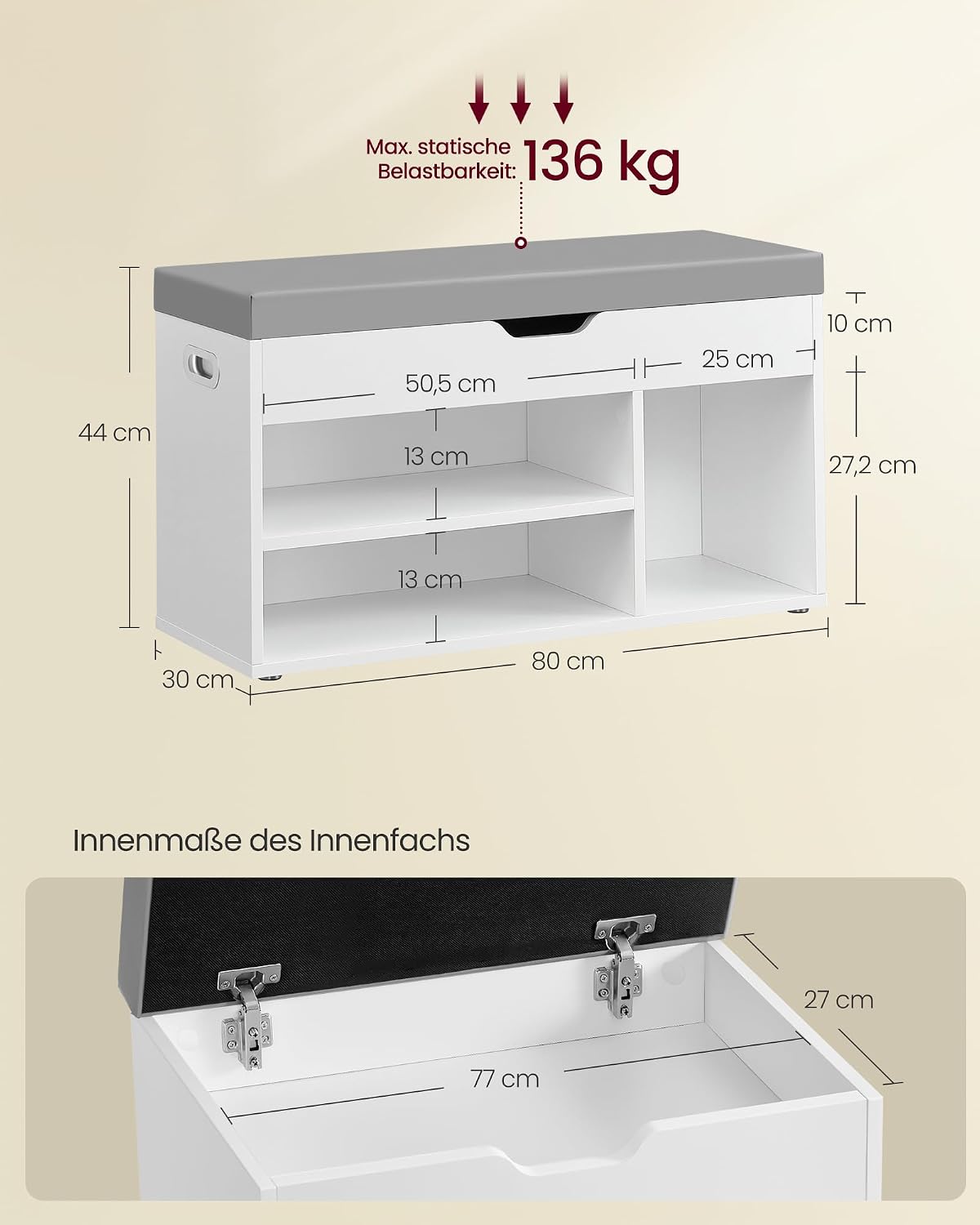 Sitzbank mit Schuhregal 80x30x44 cm Schuhbank Weiss von Songmics