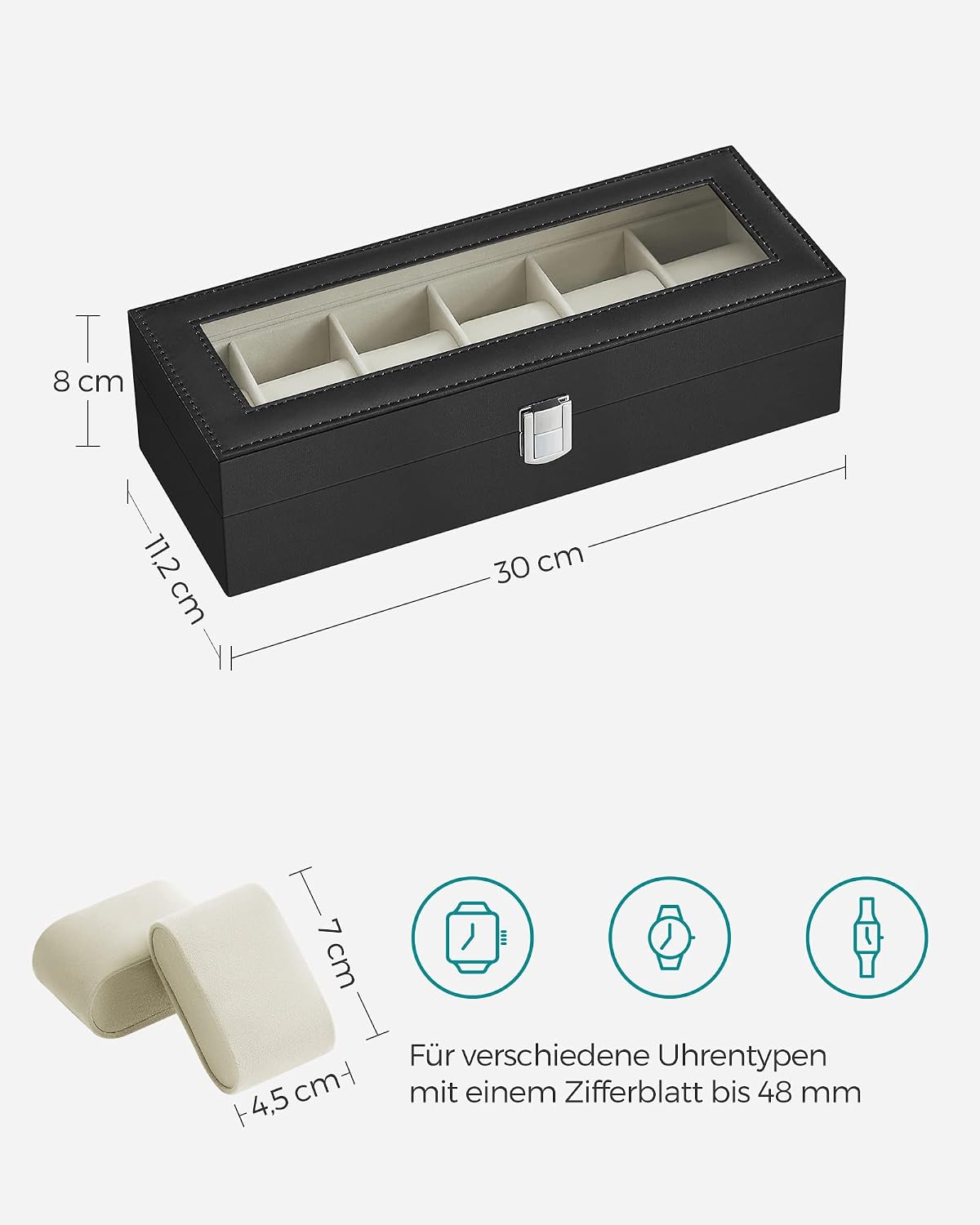 Uhrenbox 6 Fächer Uhrenorganizer Schwarz mit Glasdeckel von Songmics
