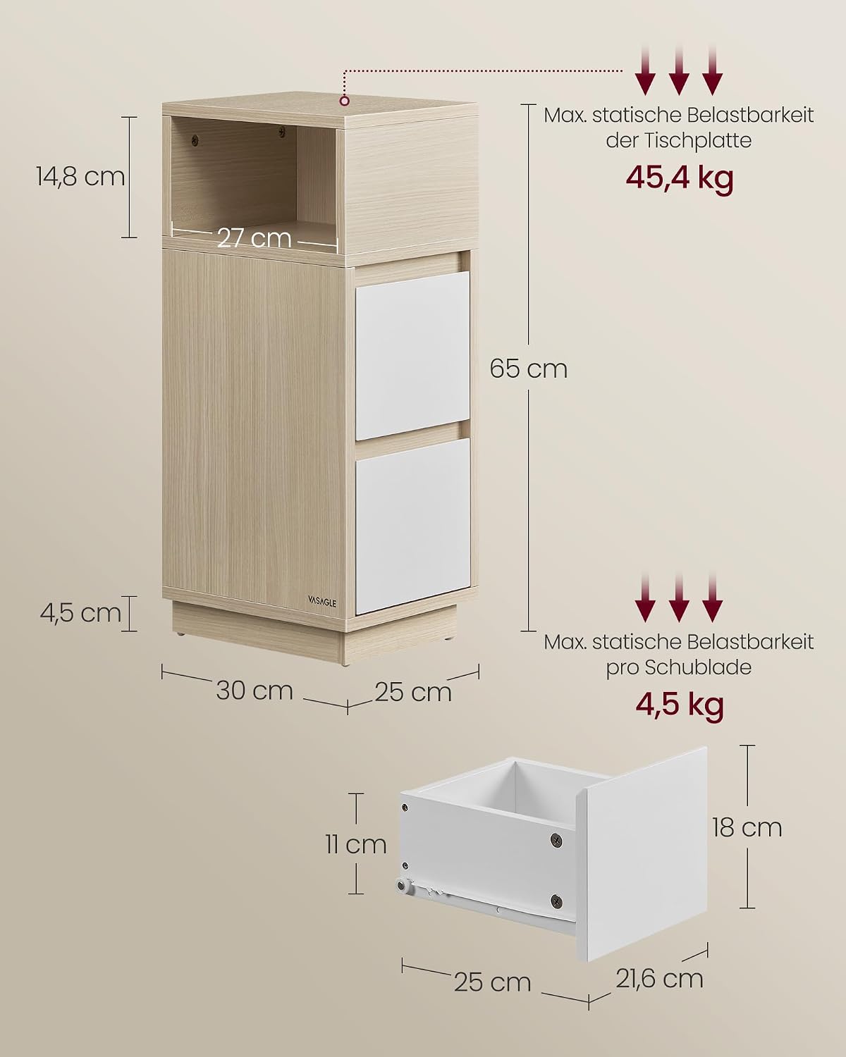 Nachttisch 2er Set schmal 2 Schubladen offenes Fach von Songmics