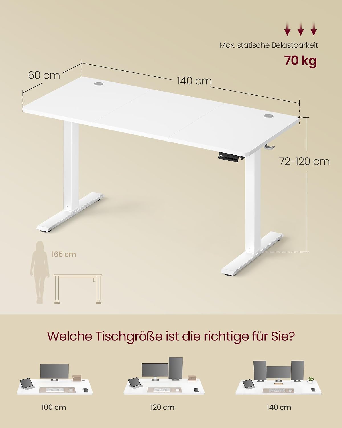 Schreibtisch elektrisch höhenverstellbar 140x60 cm Weiss von Songmics