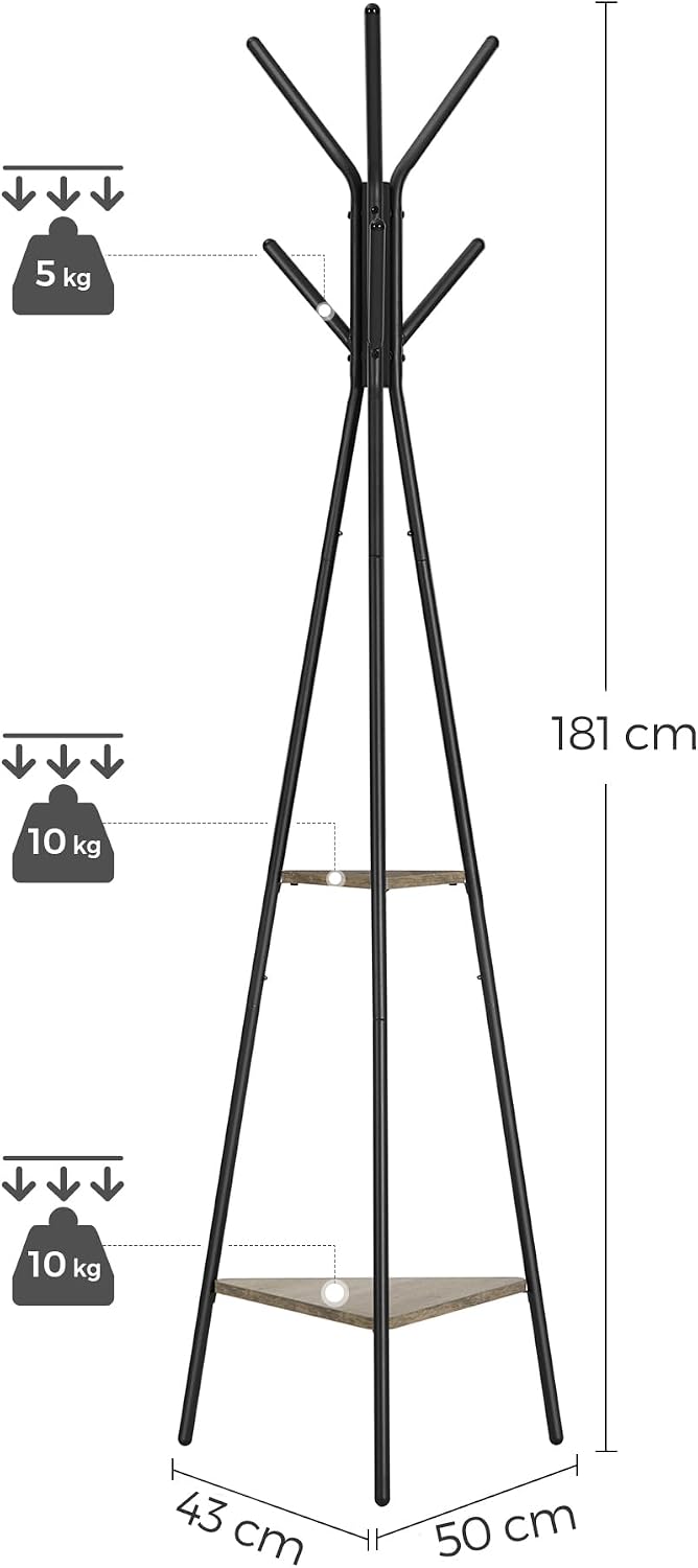Garderobenständer 6 Haken 2 Ablagen 180 cm Schwarz Greige von Songmics