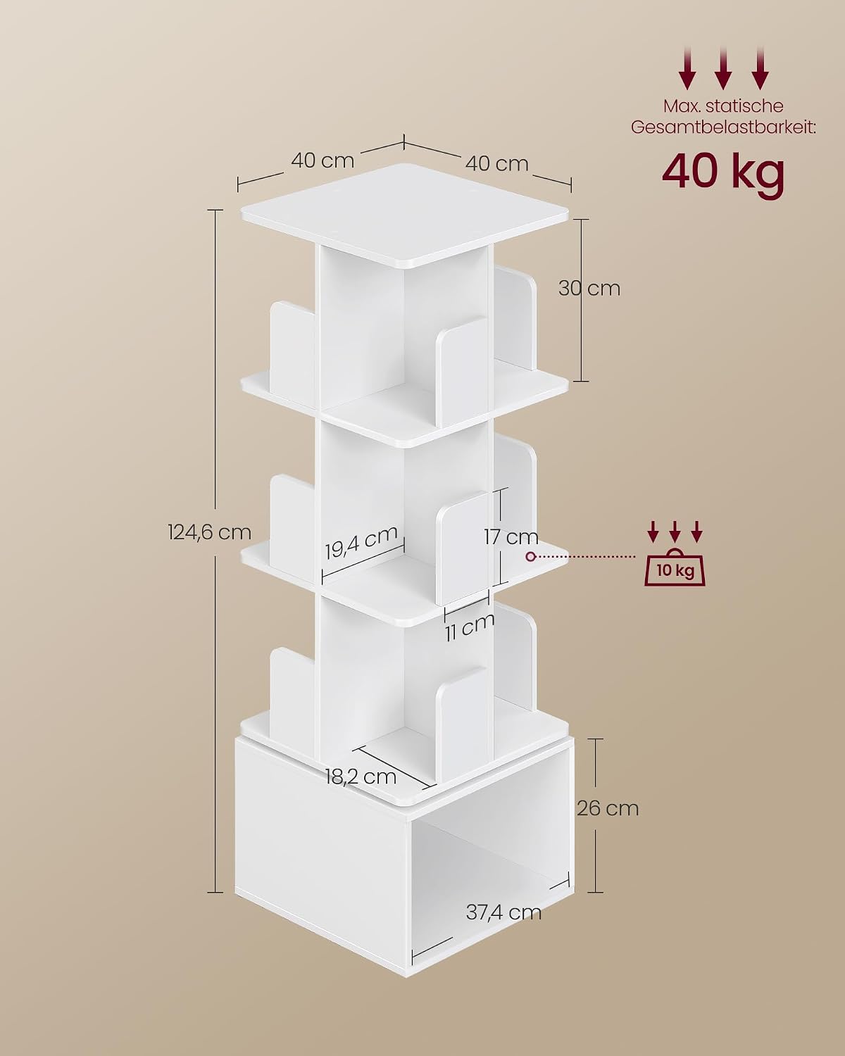 Drehbares Bücherregal 4 Ebenen 40x40x125 cm Weiß von Songmics