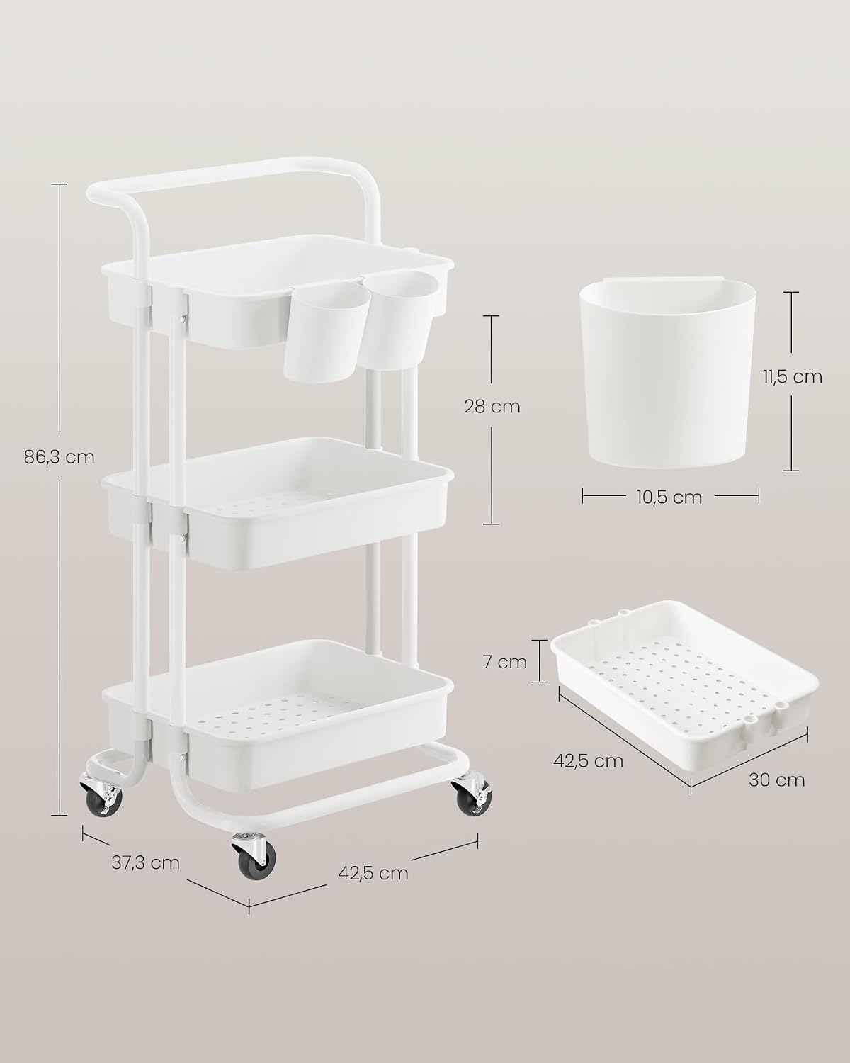 Rollwagen 3 Ablagen 2 Hängefächer 86 cm Weiss von Songmics