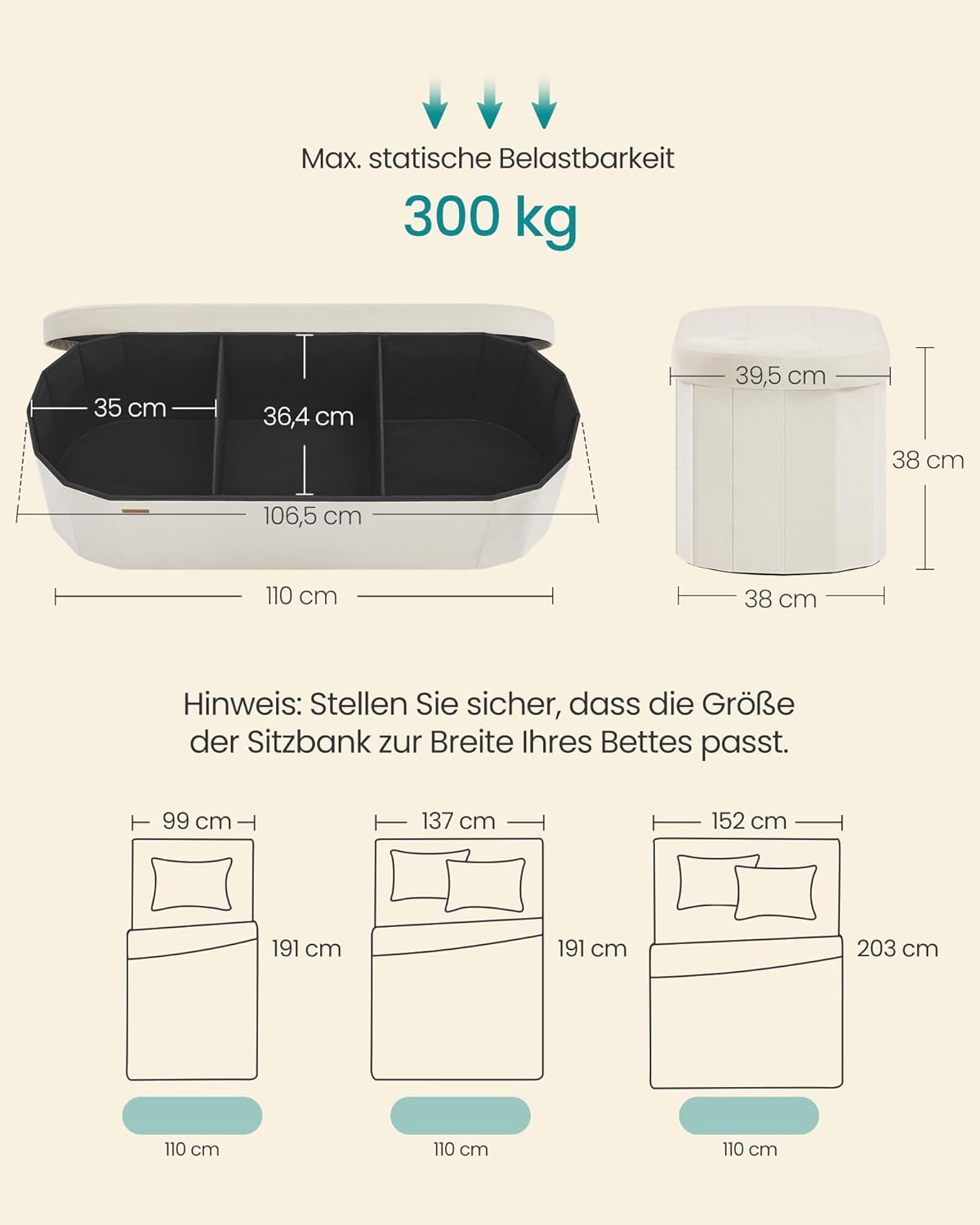 Sitzbank mit Stauraum Samt cremeweiß 110L faltbar 110cm von Songmics