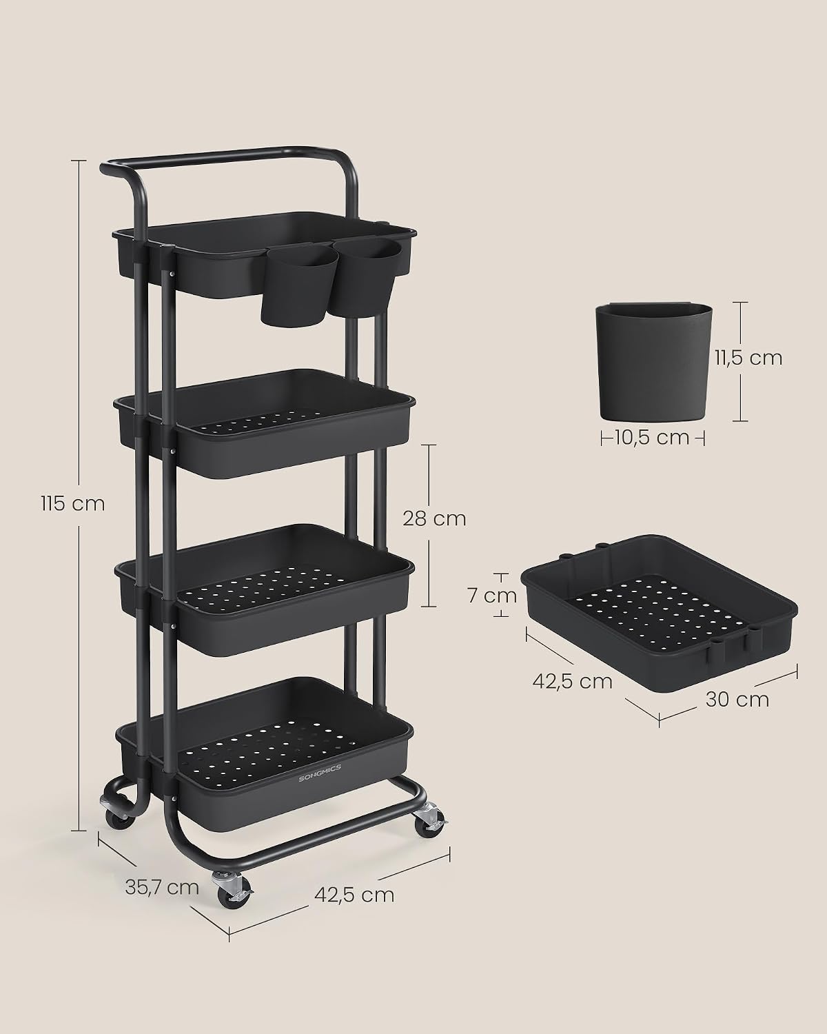 Rollwagen 4 Ablagekörbe 42,5x35,7x115 cm Schwarz von Songmics