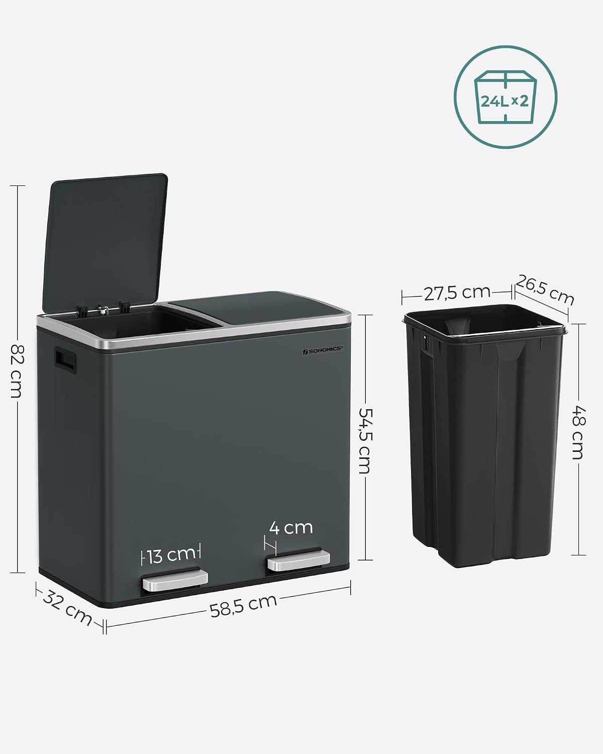 Abfalleimer 2 Fächer 48 l Edelstahl Silber 58,5x32x54,5 von Songmics