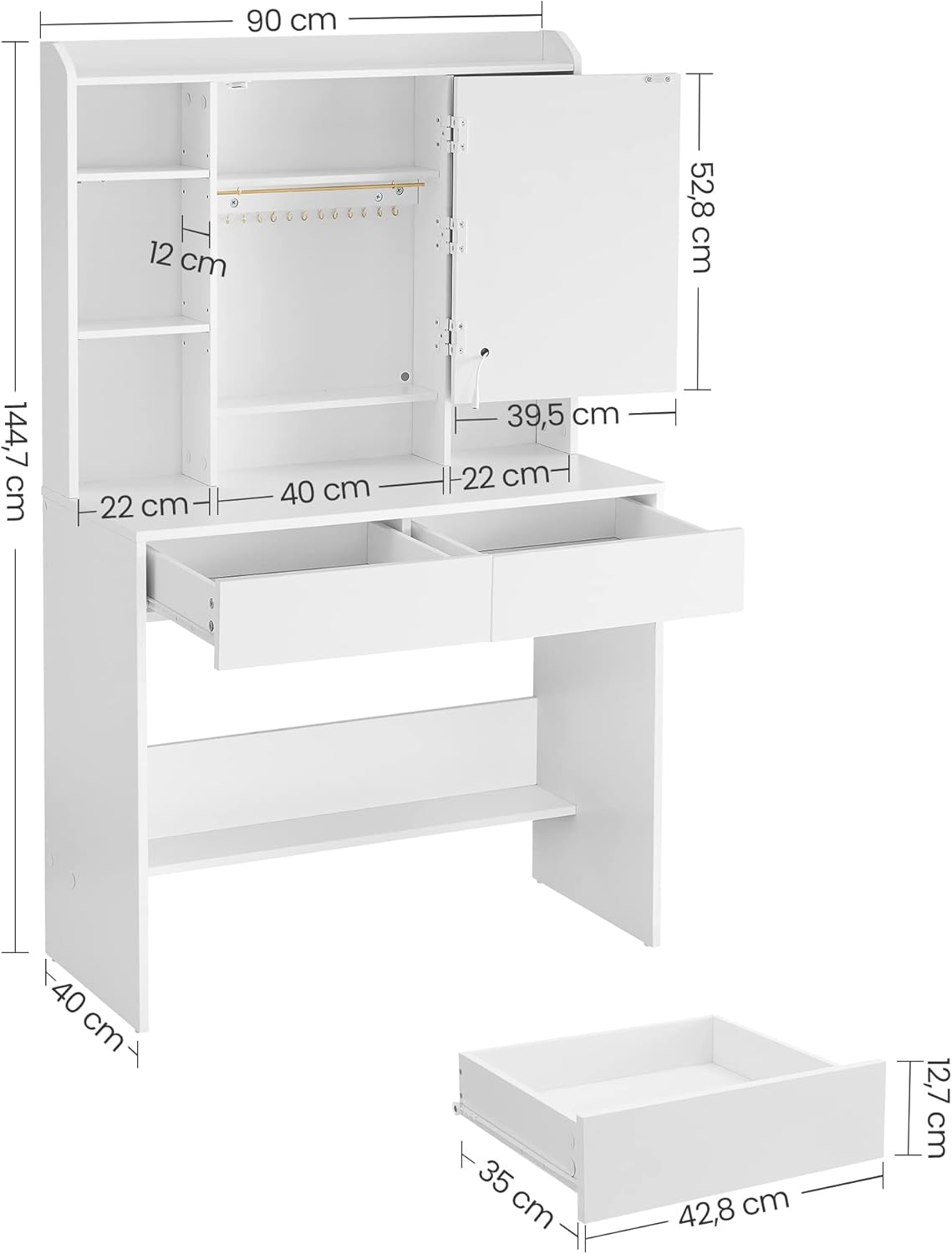 Schminktisch mit LED Spiegel 2 Schubladen verstellbar weiß von Songmics