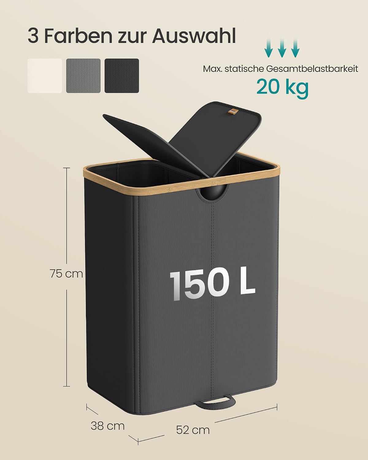 Wäschesammler 2 Fächer 150 l 52x38x75 cm Schwarz Beige von Songmics