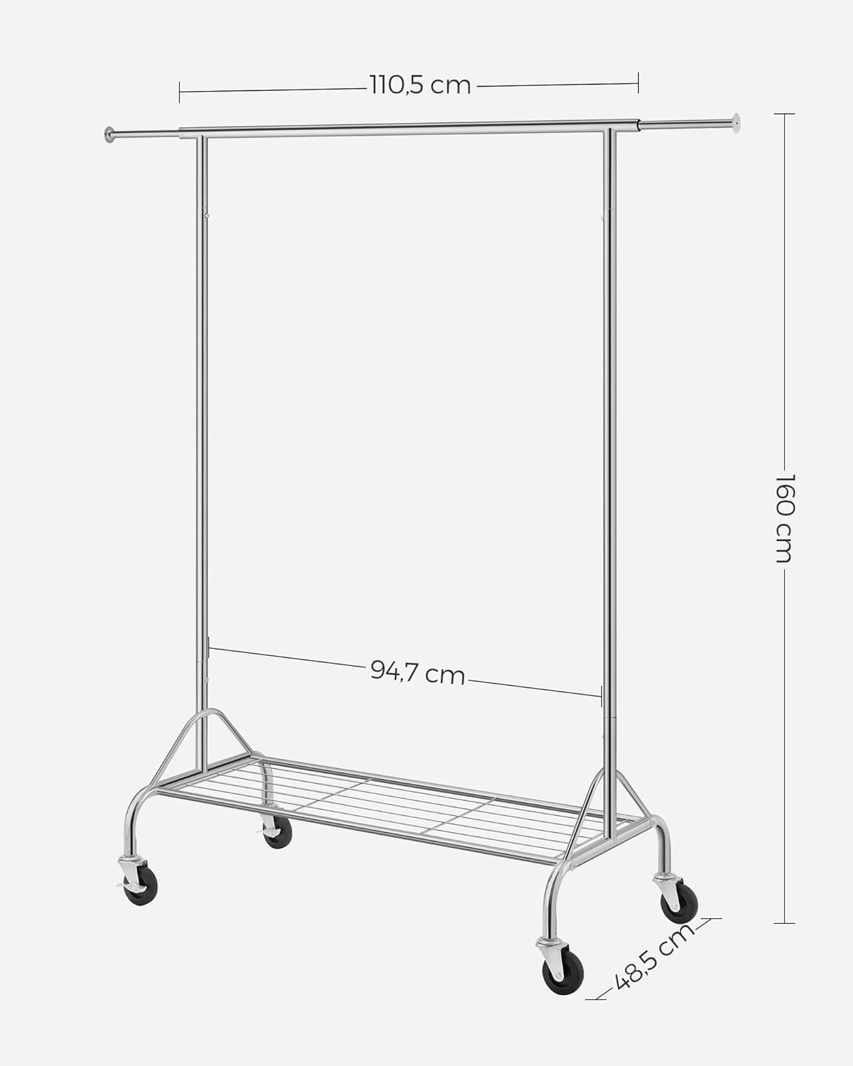 Kleiderständer 110-150 cm mit Rollen Ablage Chrom von Songmics