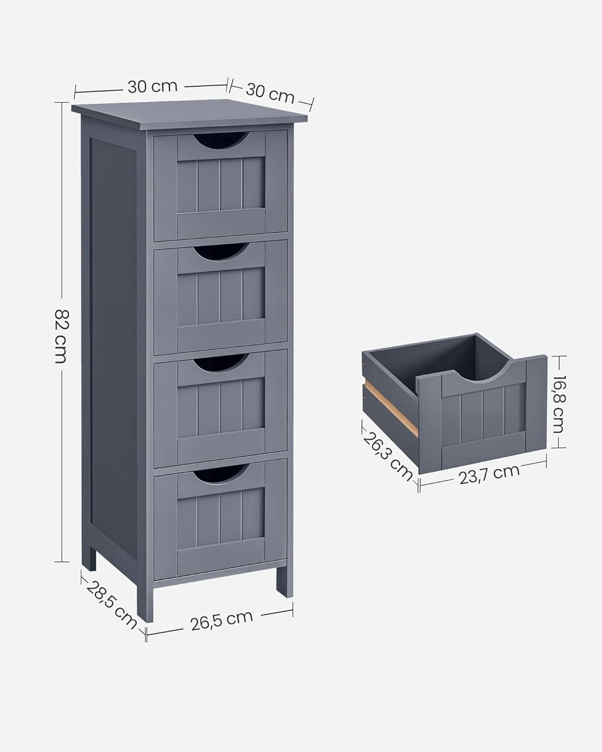 Badschrank mit 4 Schubladen 30x30x82 cm grau modern von Songmics
