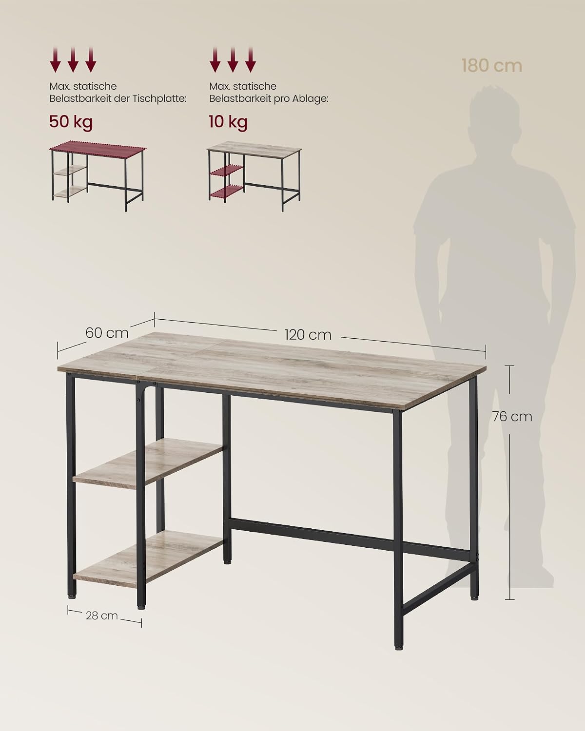 Computertisch 120x60cm Bürotisch Schreibtisch Greige-Schwarz von Songmics