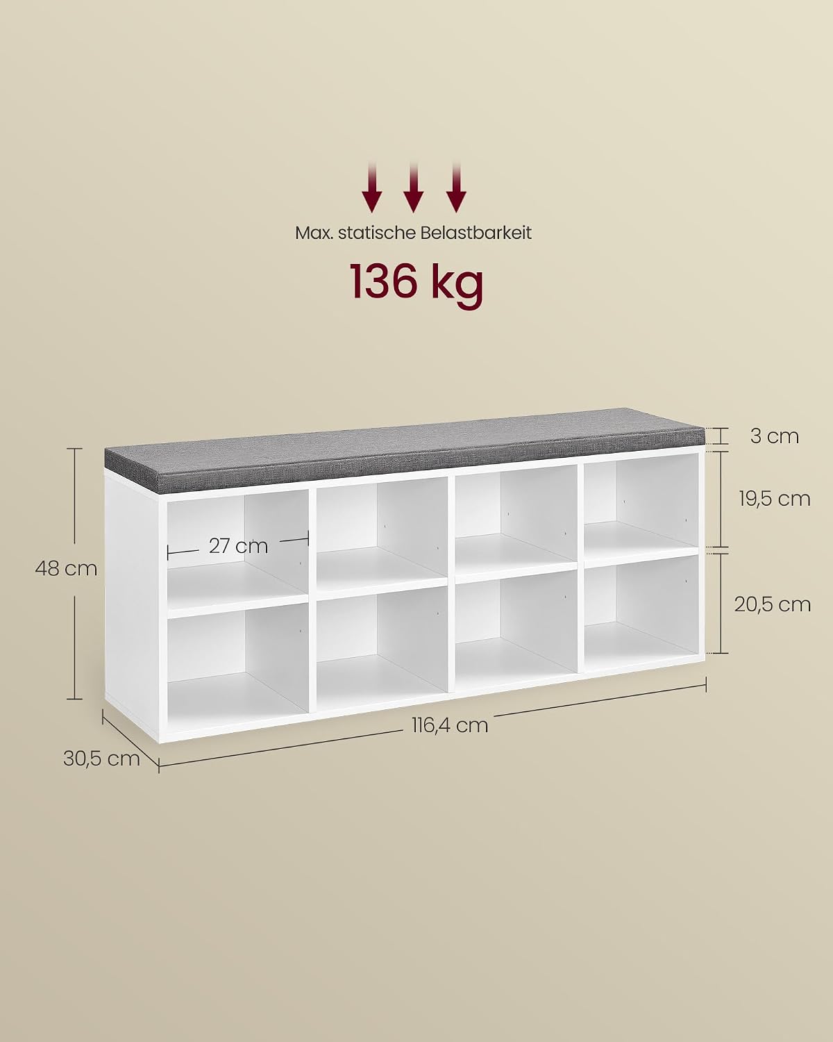 Schuhbank 100 cm mit 2 Fächern Stauraum Wolkenweiss von Songmics