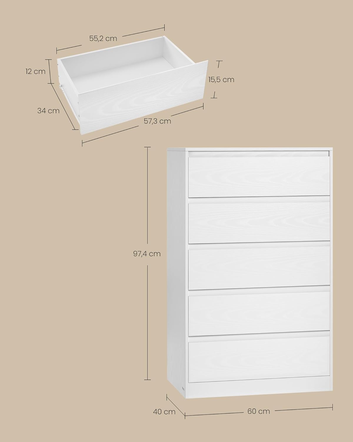 Kommode 5 Schubladen Schlafzimmer Schubladenschrank weiß von Songmics